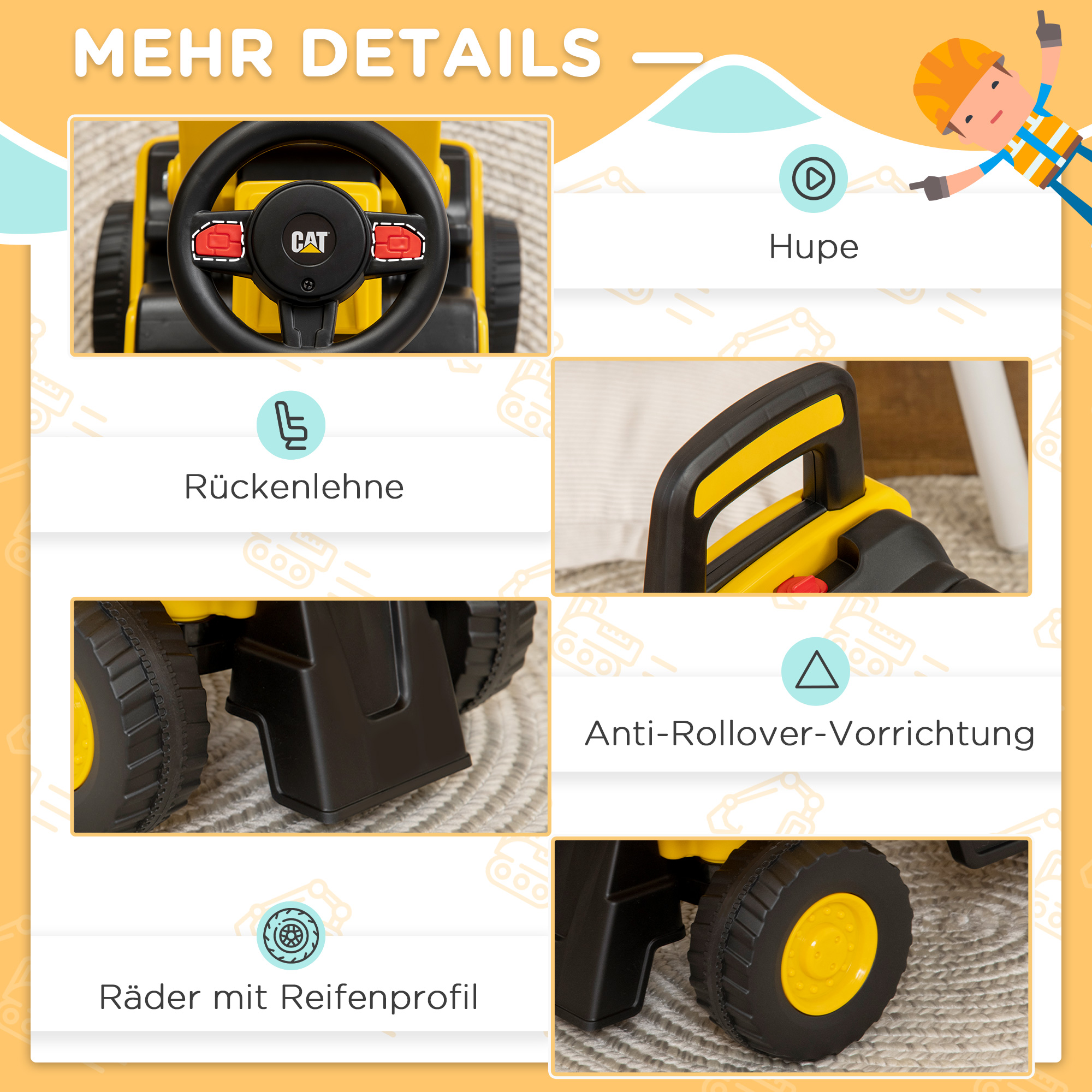Kinderbagger, Rutscher, bedienbare Baggerschaufel, Kippschutz, rutschfeste Räder, gelb+schwarz, 78 x 29,5 x 54 cm