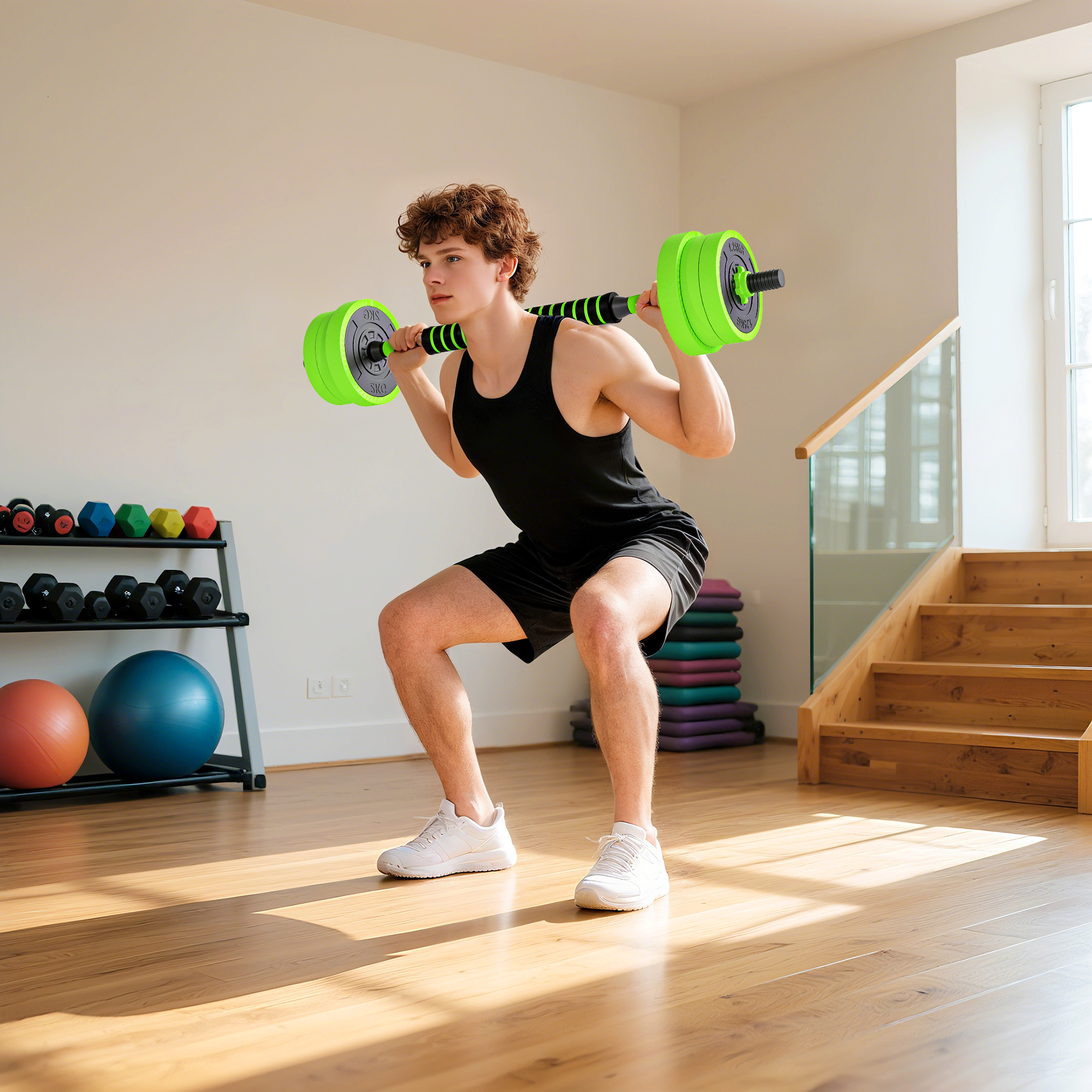 4 in 1 Hanteln Set 20 kg verstellbare Kurzhantel & Langhantel Kettlebell Liegestützgriffe Grün