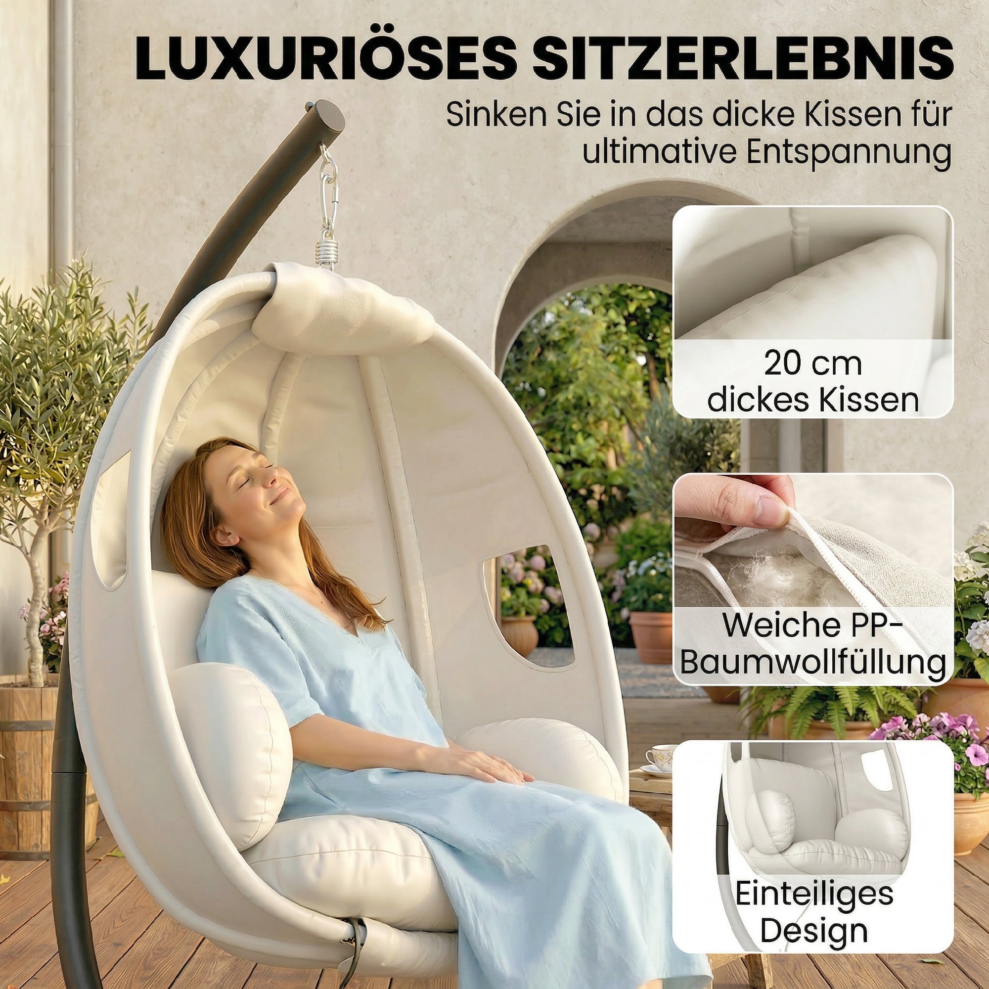 Hängesessel mit Gestell, faltbar Hängekorb mit dick Sitzpolstern verstellbarer Höhe Sicherheitsgurt bis 120 kg