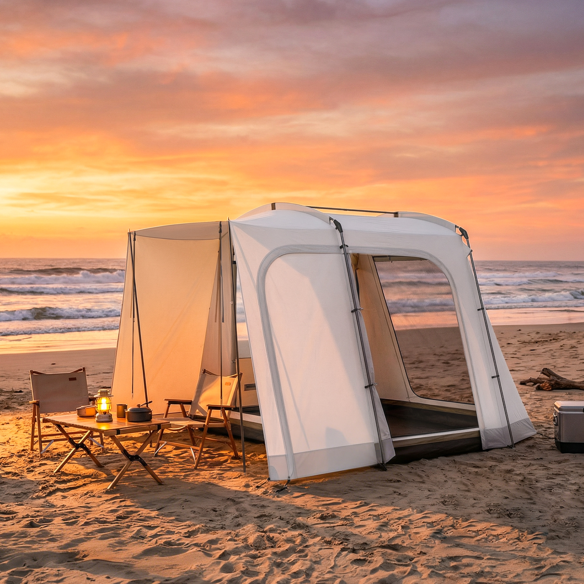 Heckzelt für 2-4 Personen, 320 x 280 x 205 cm 2 in 1 Autozelt wasserdicht Tunnelzelt mit 4 Türen Fenster Bodenplane