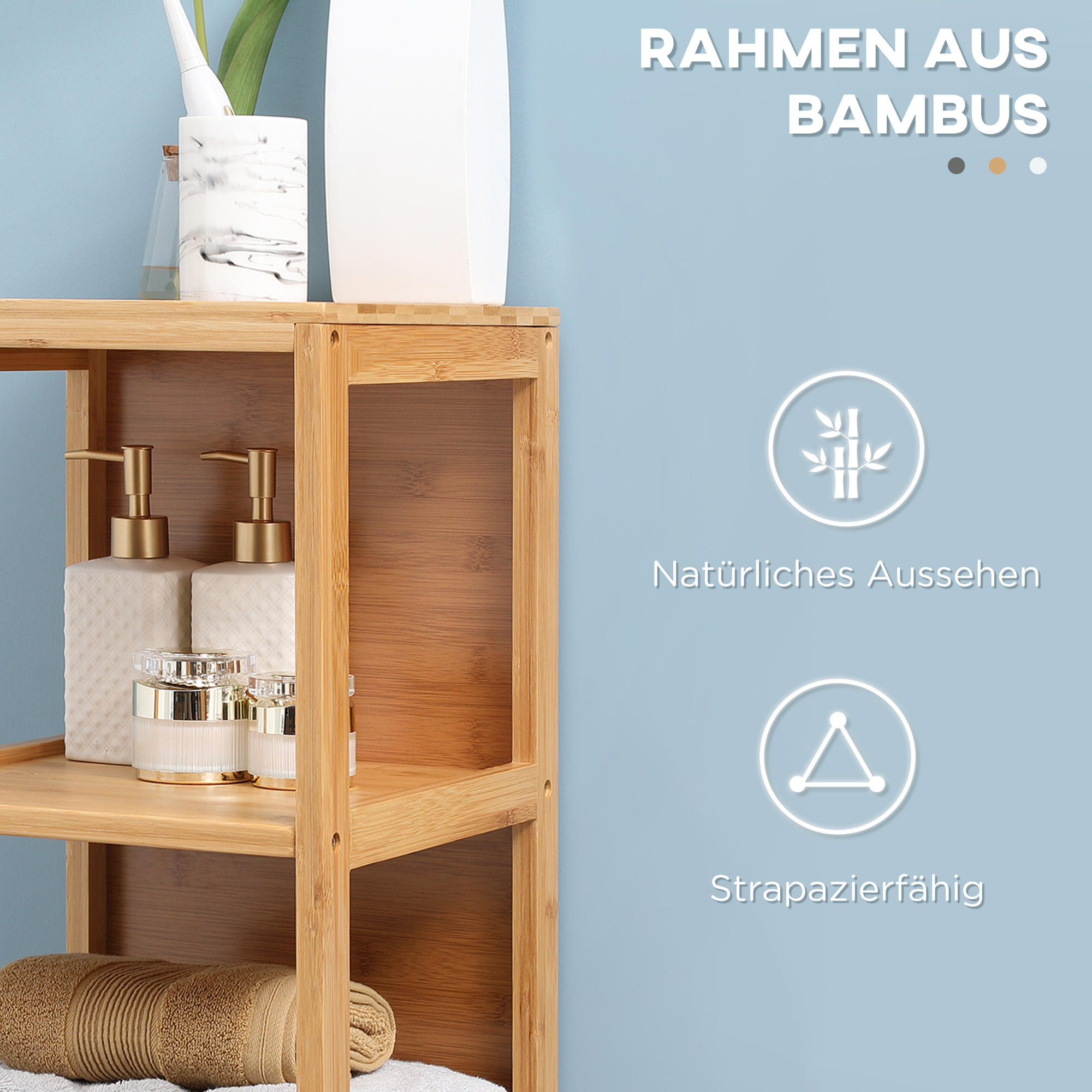 Badezimmerschrank, 3 Regale, 2 Schubladen, Bambus, 30 cm x 30 cm x 140 cm, Natur