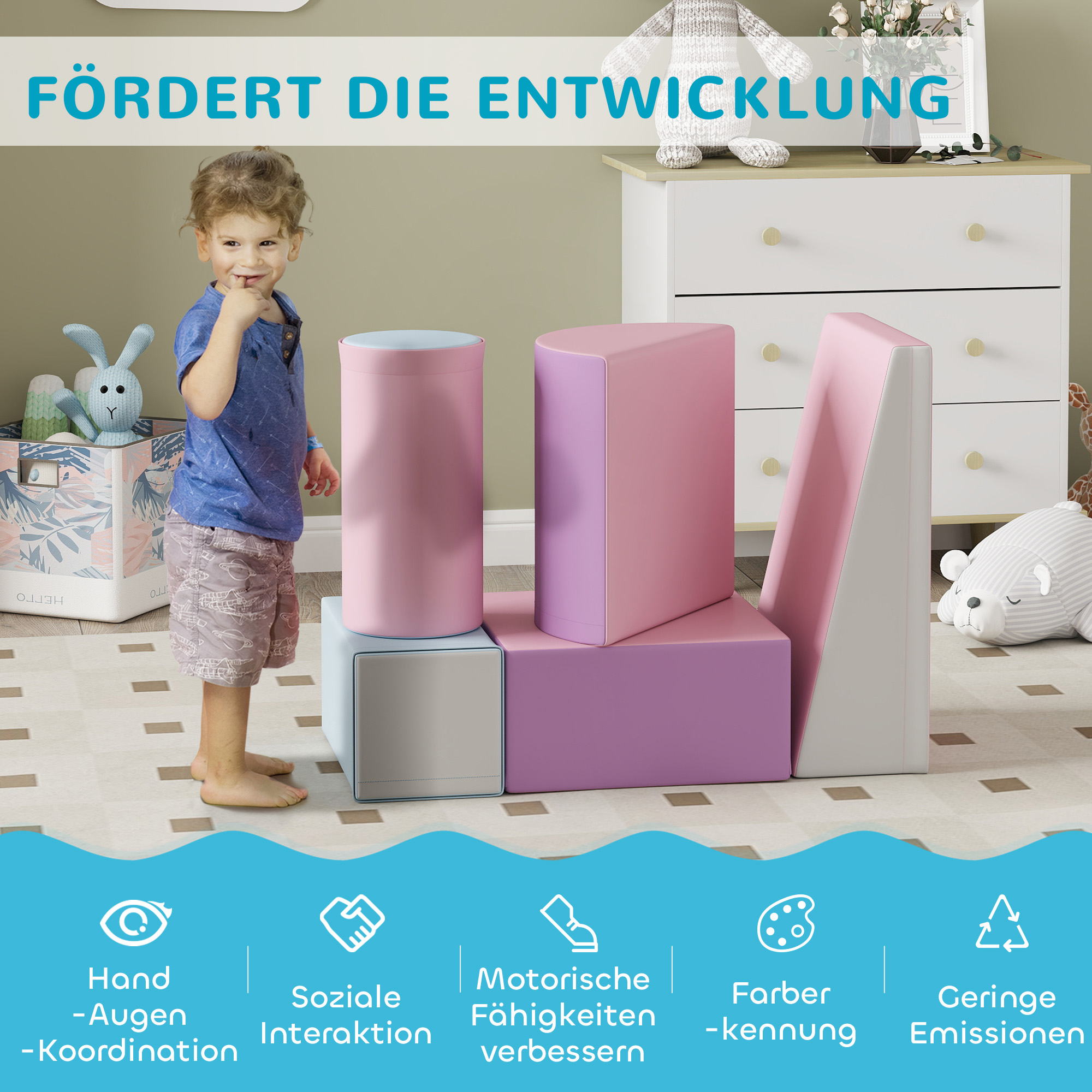 Softbausteine, 5er-Set Schaumstoff-Bausteine für Kinder im Alter von 1-3 Jahren, Kunstleder, Mehrfarbig