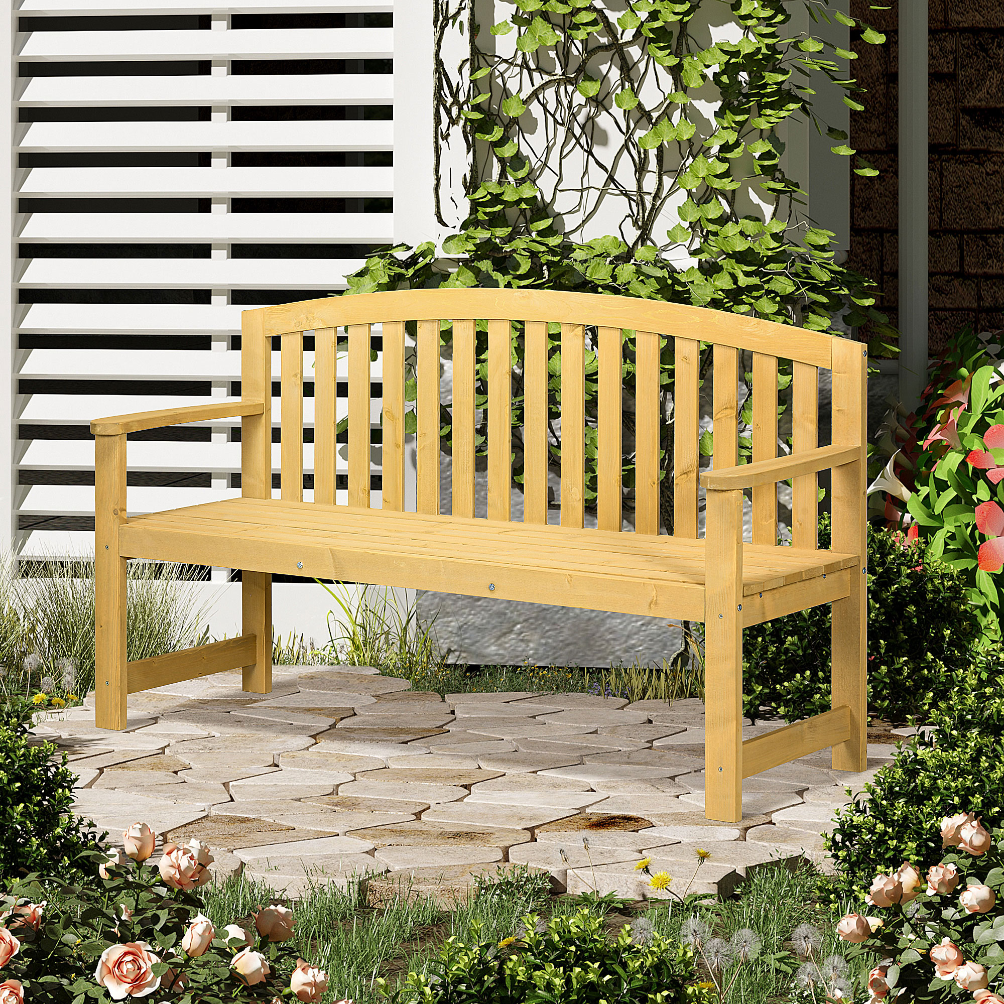 2-Sitzer Gartenbank Holz, wetterfest Sitzbank, Gartenmöbel mit Rückenlehnen, 240 kg belastbar 140 x 50 x 85 cm, Orange