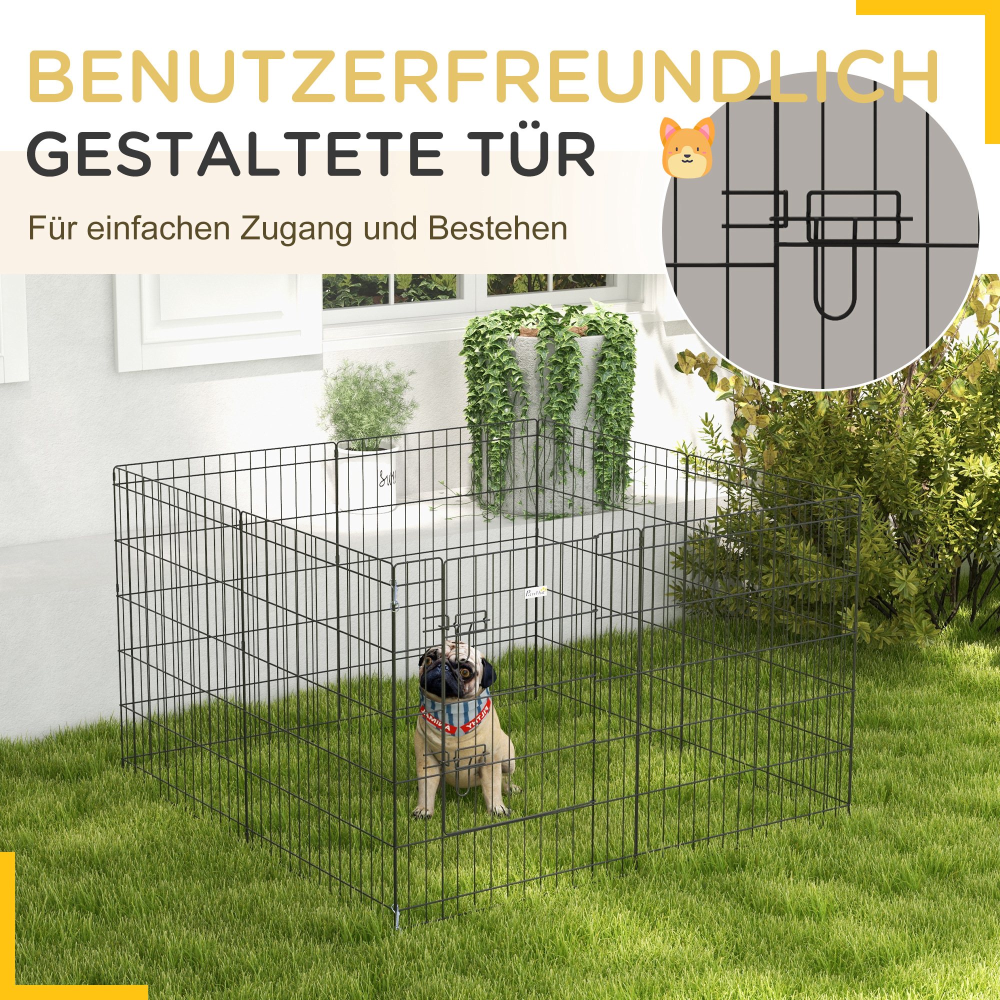 Haustierlaufstall, Spielgehege für Welpen und kleine Hunde, mit Tür, Indoor- und Outdoor-tauglich, 76 cm, Schwarz