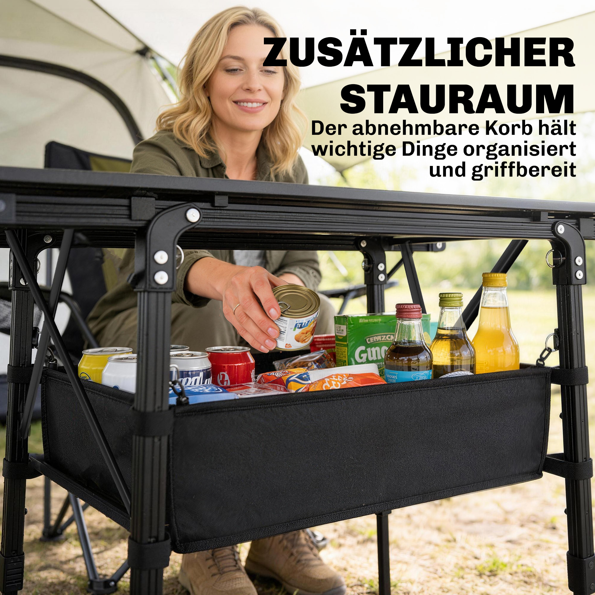 Campingtisch mit Aufbewahrungskorb, höhenverstellbar, faltbar, Aluminium, Schwarz