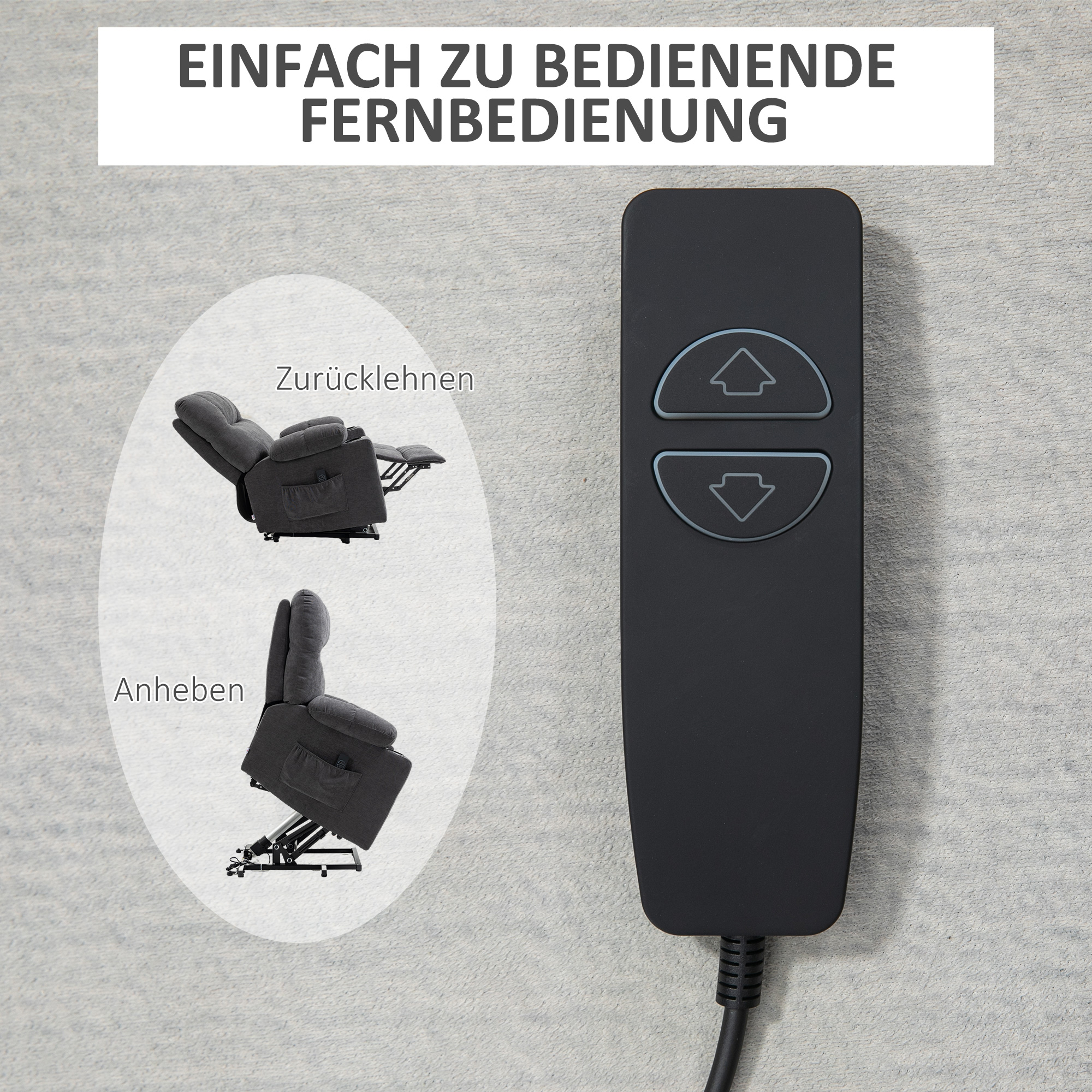 Aufstehhilfe Seniorensessel, Liegefunktion, inkl. Fernbedienung, 144 cm x 91 cm x 88 cm, Dunkelgrau