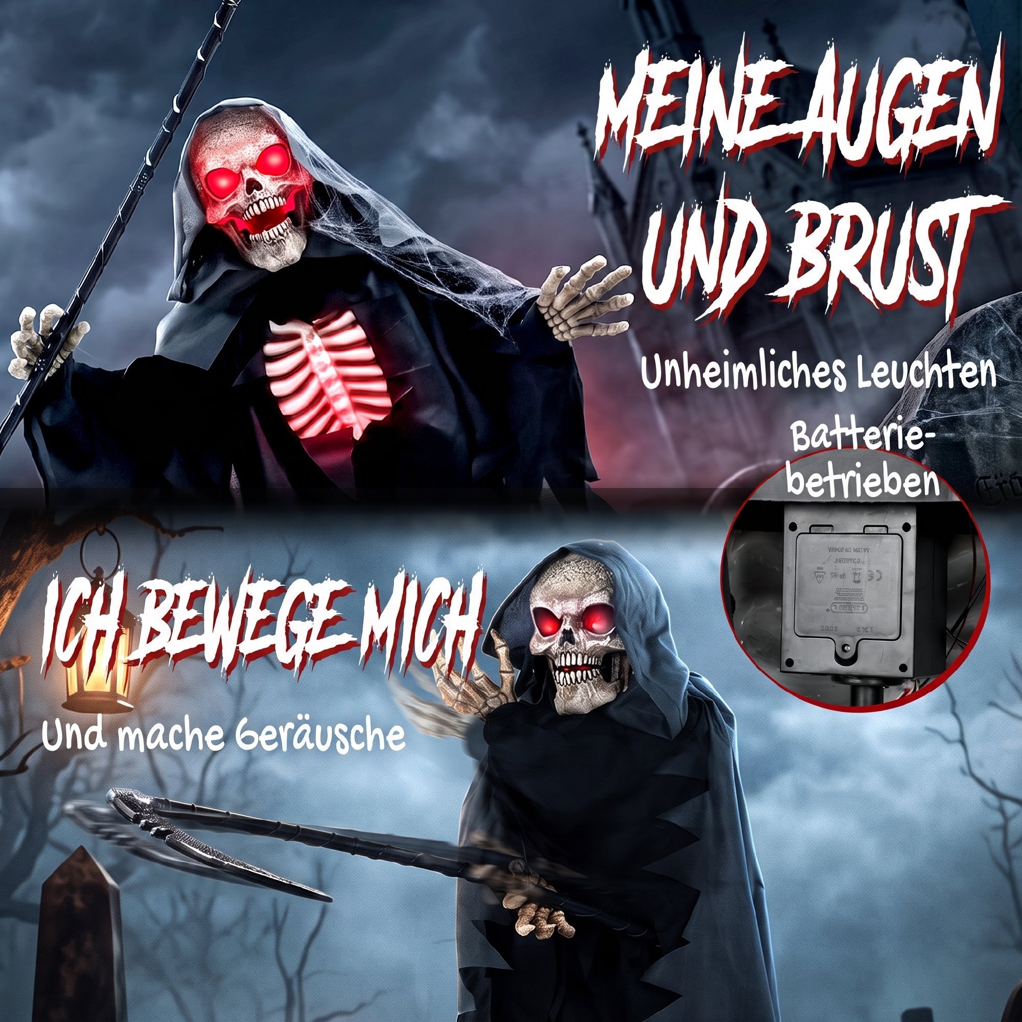 170 cm Halloween Animierte Sensenmann Deko mit Sound- und Berührungsaktivierung, leuchtenden Augen und Brustkorb