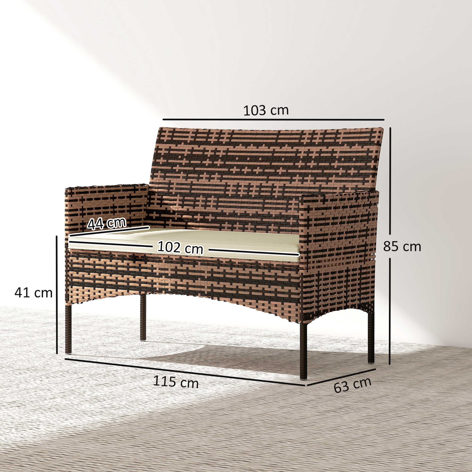 2-Sitzer Rattan Gartensofa PE-Rattan Outdoor-Terrassen-Sofa mit Polster, Anti-Rutsch-Matten, Stahlrahmen, Khaki