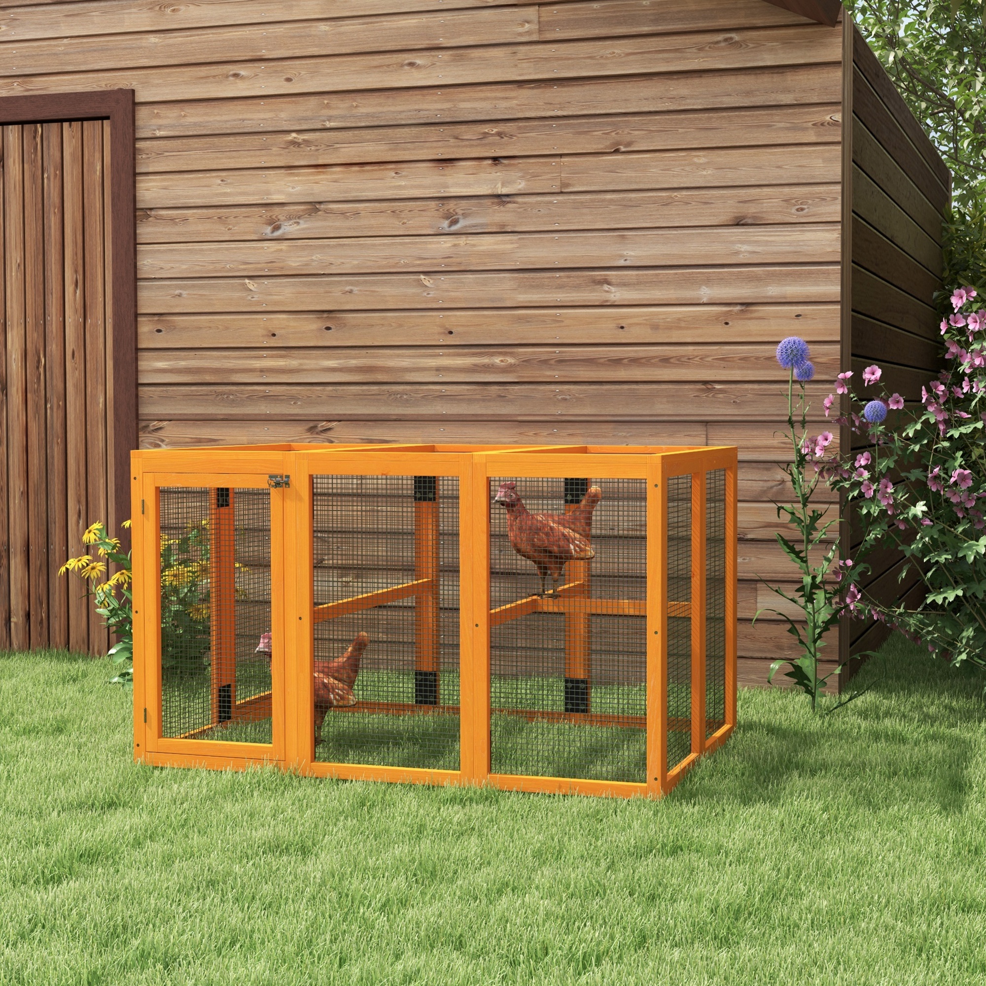 Hühnerstall für 1-3 Hühner, Holzrahmen, Stahldraht, erweiterbares Design, Holzsitzstangen, Orange
