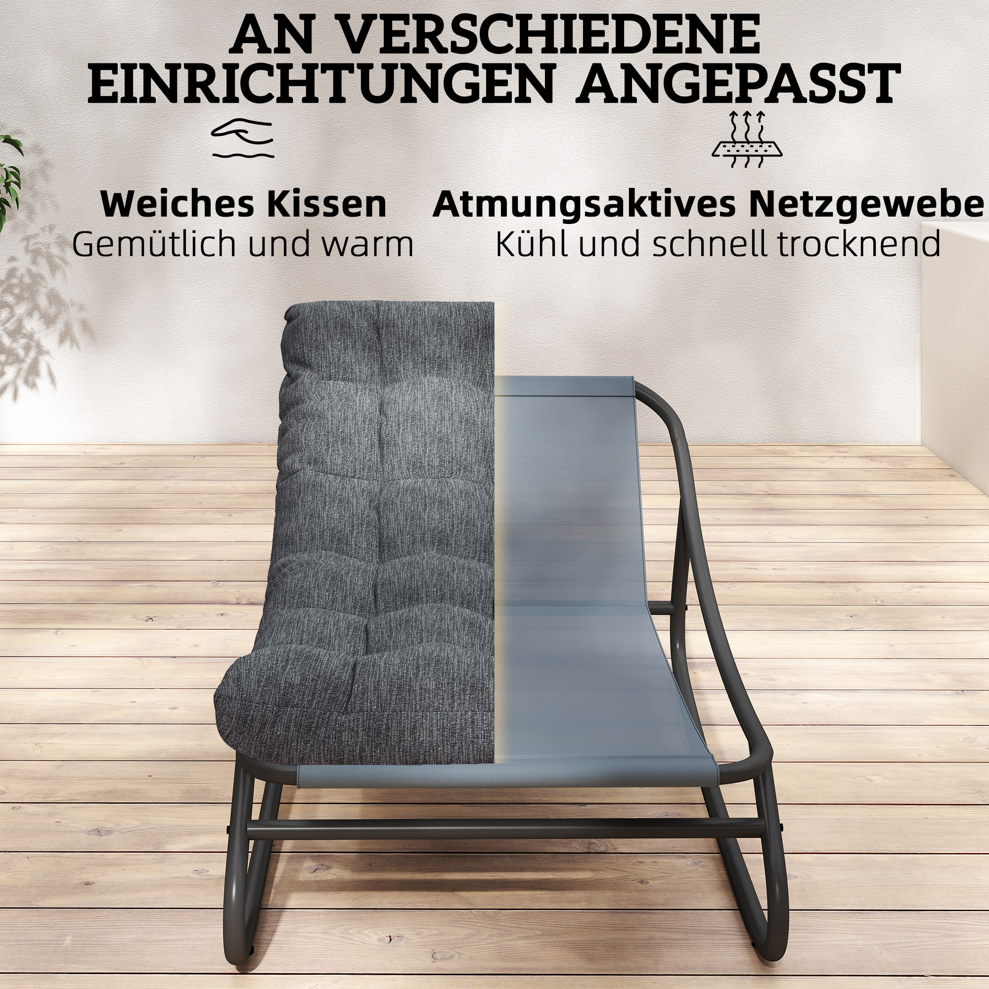 Schaukelstuhl Schaukelsessel mit breitem Netzsitz dickem Kissen 101 x 66 x 63 cm Grau