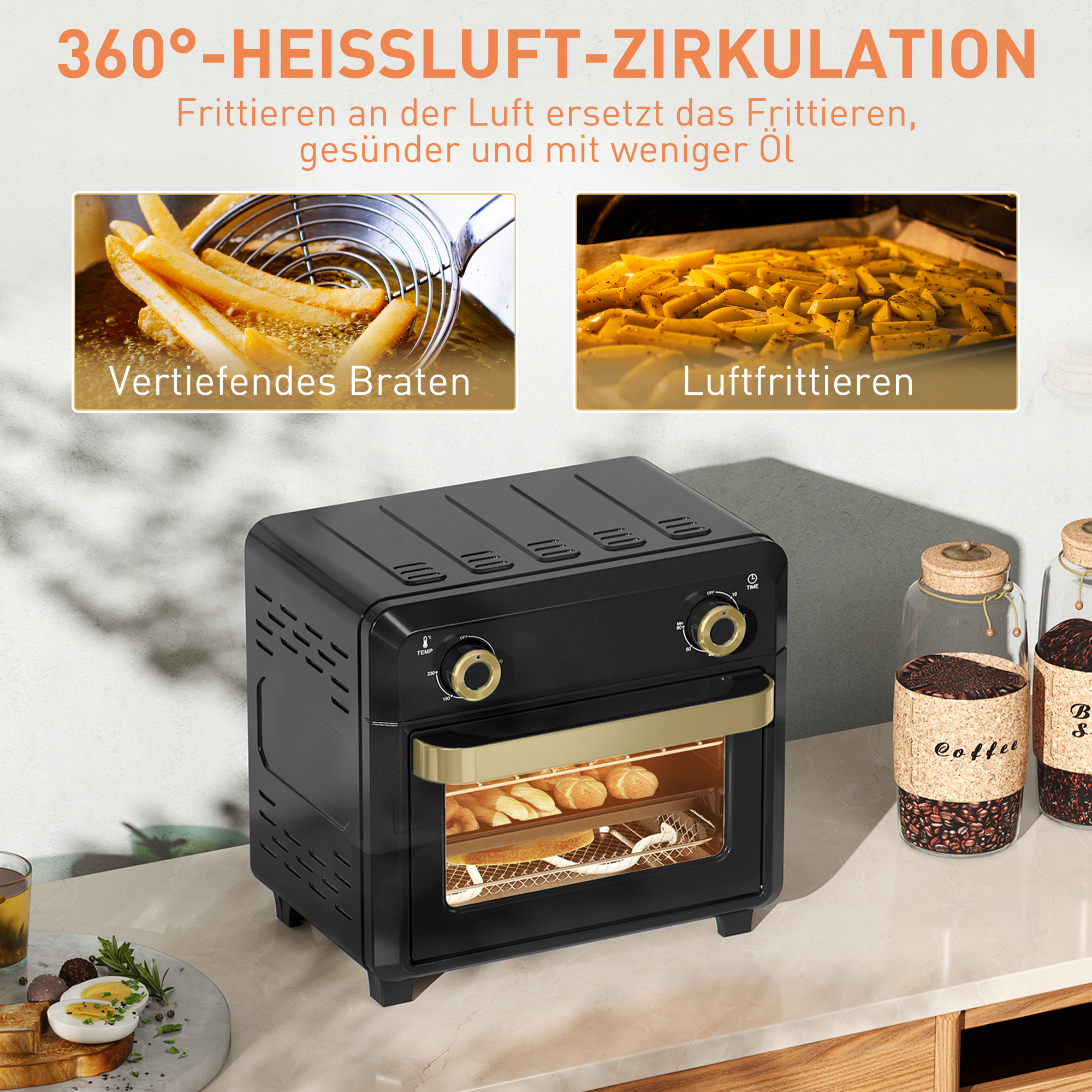 Minibackofen mit Umluft, Heißluftfritteuse, Timer, Innenbeleuchtung, 10L, Schwarz