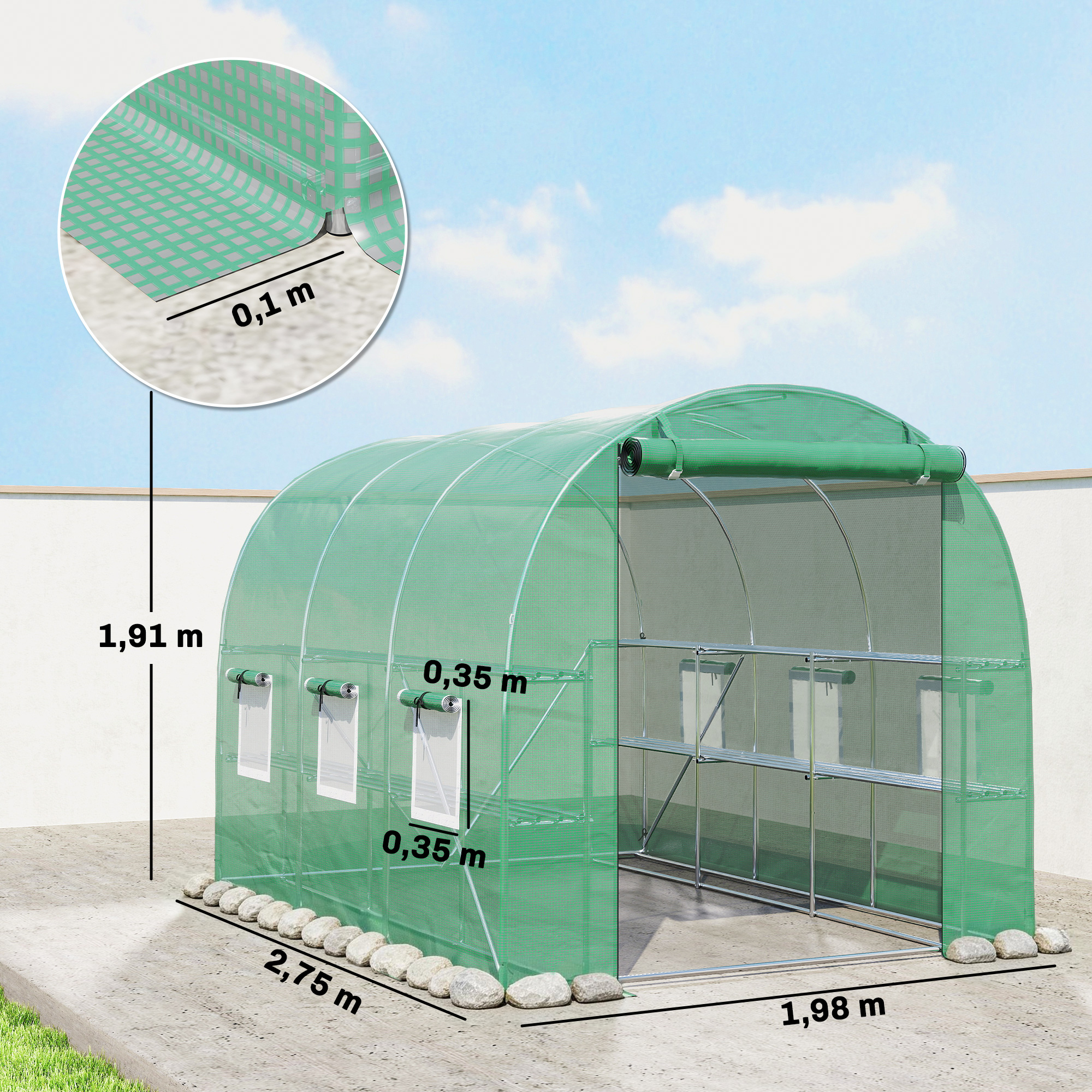 Gewächshaus ca. 2,7 x 2 x 2 m Foliengewächshaus mit Regalen Rollbar Reißverschlusstür 6 Netzfenster Stützstangen