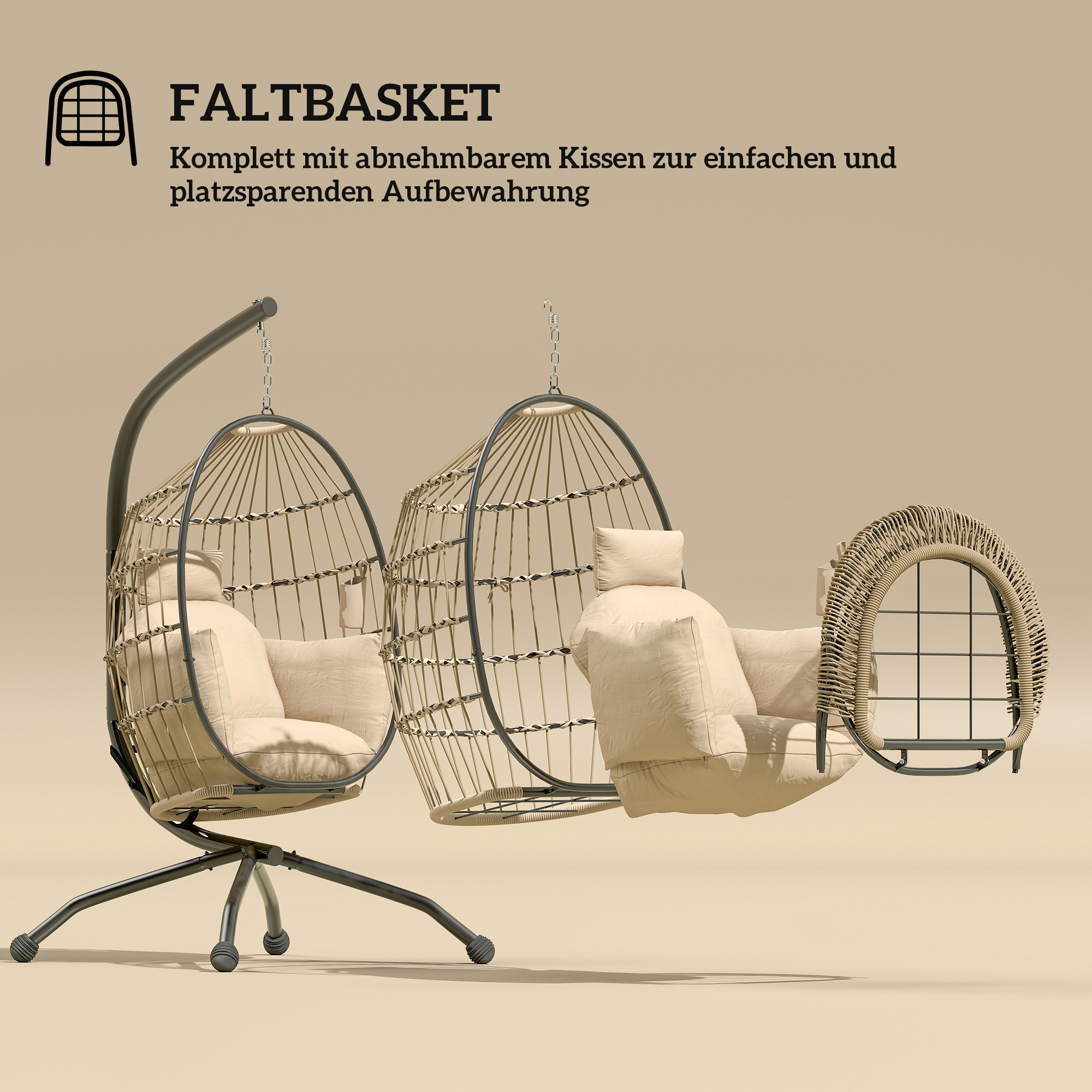 Hängender Outdoor-Schaukelstuhl mit faltbarem Korbsitz und dicken Kissen, Ständer, Kopfstütze, Becherhalter, Khaki