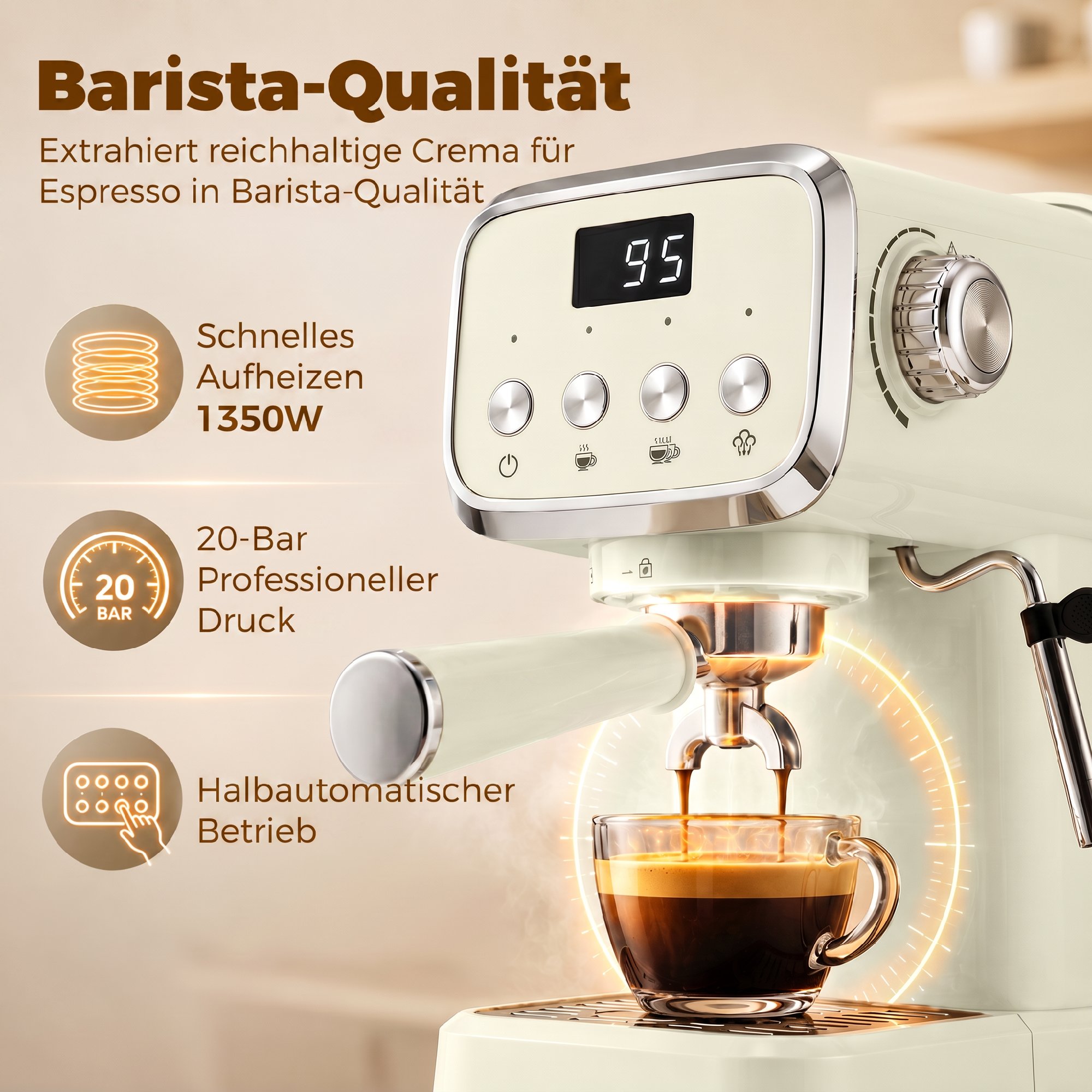 Siebträgermaschine 20 Bar Espressomaschine mit Milchaufschäumer und 1,2L abnehmbaren Wassertank für Espresso
