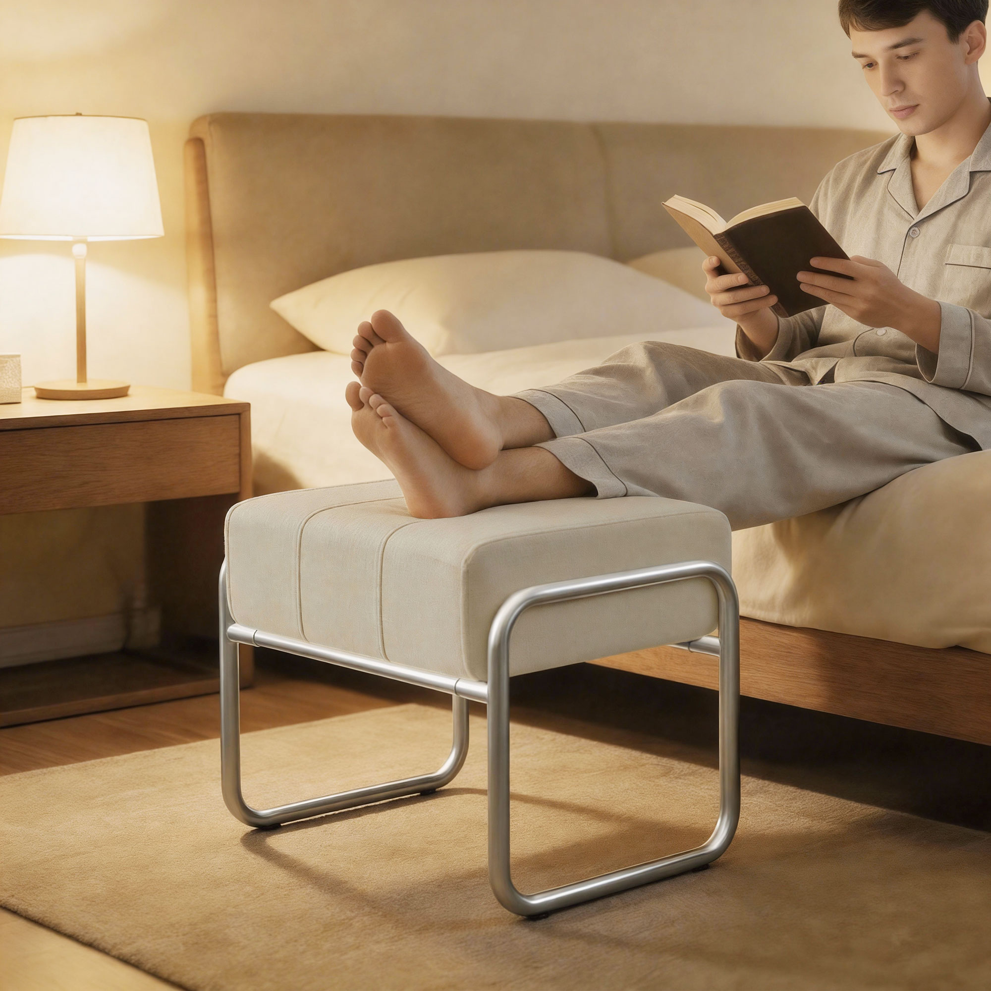 Fußhocker Sitzhocker Dick Gepolstert Hocker mit Chenille-Stoff Stahlbeinen für Schlafzimmer, Beige