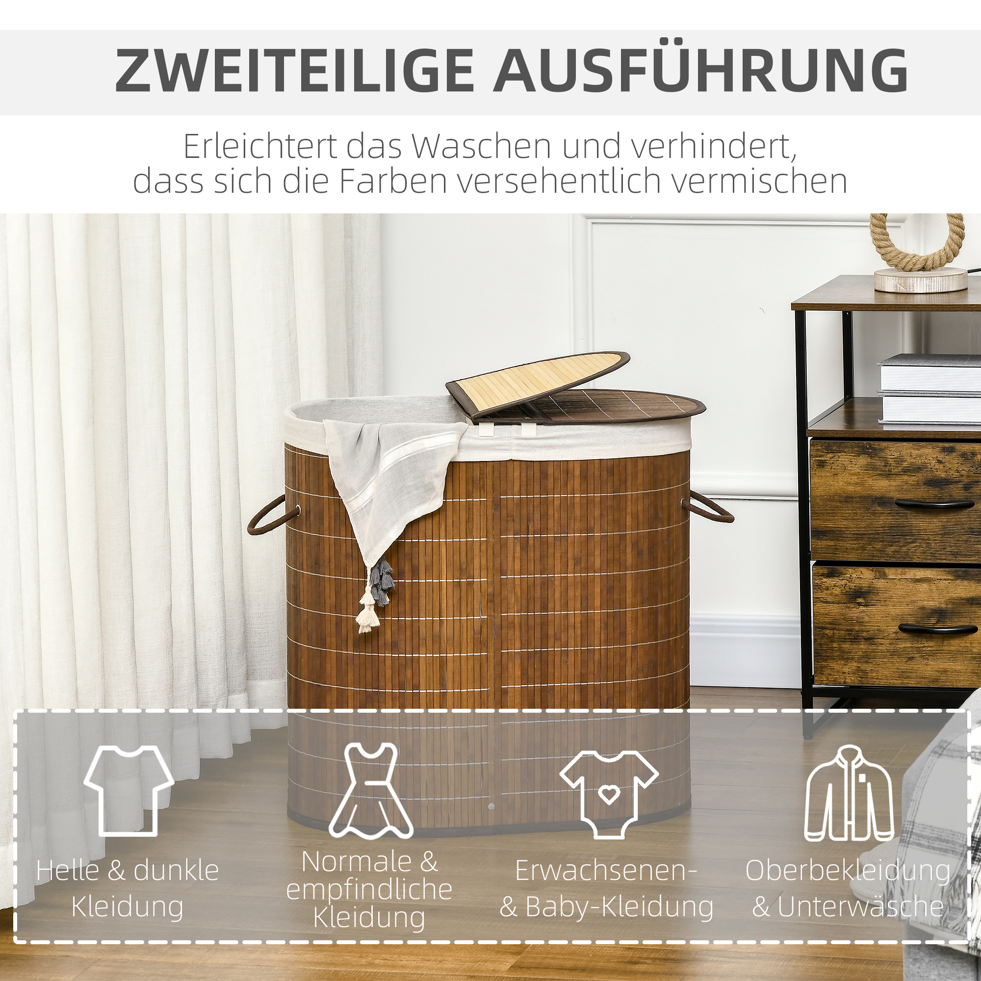 Wäschekorb Wäschesammler, 100L Fassungsvermögen, abnehmbarer Deckel, 38 cm x 38 cm x 57 cm, Braun
