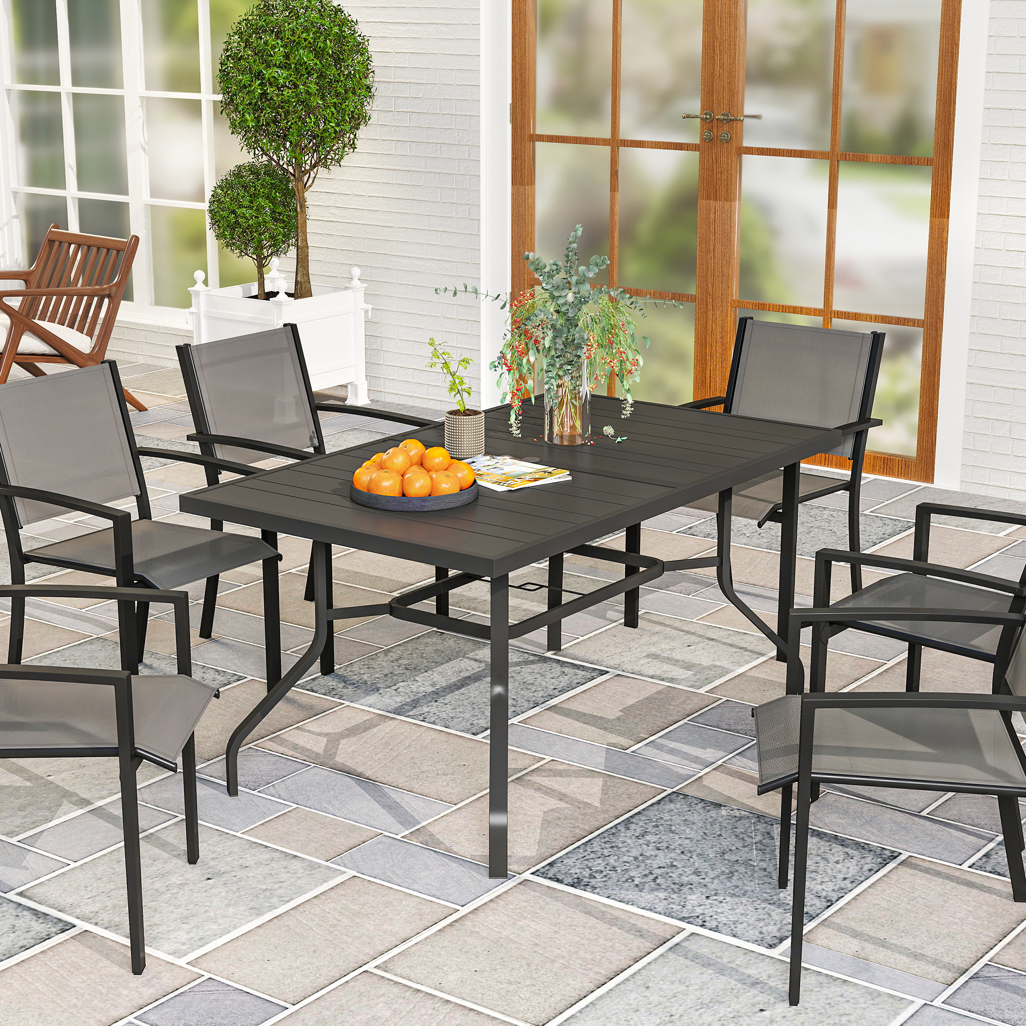 Gartentisch 152x90 cm, Wetterfest Balkontisch aus Stahl, Beistelltisch mit Schirmloch, Latten-Design Schwarz