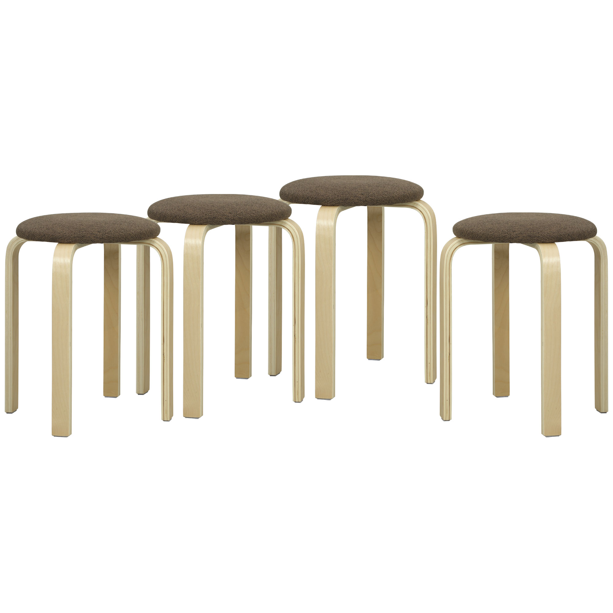 Polsterhocker im 4er-Set, stapelbar, lackierte Oberfläche, Holzbeine, Braun