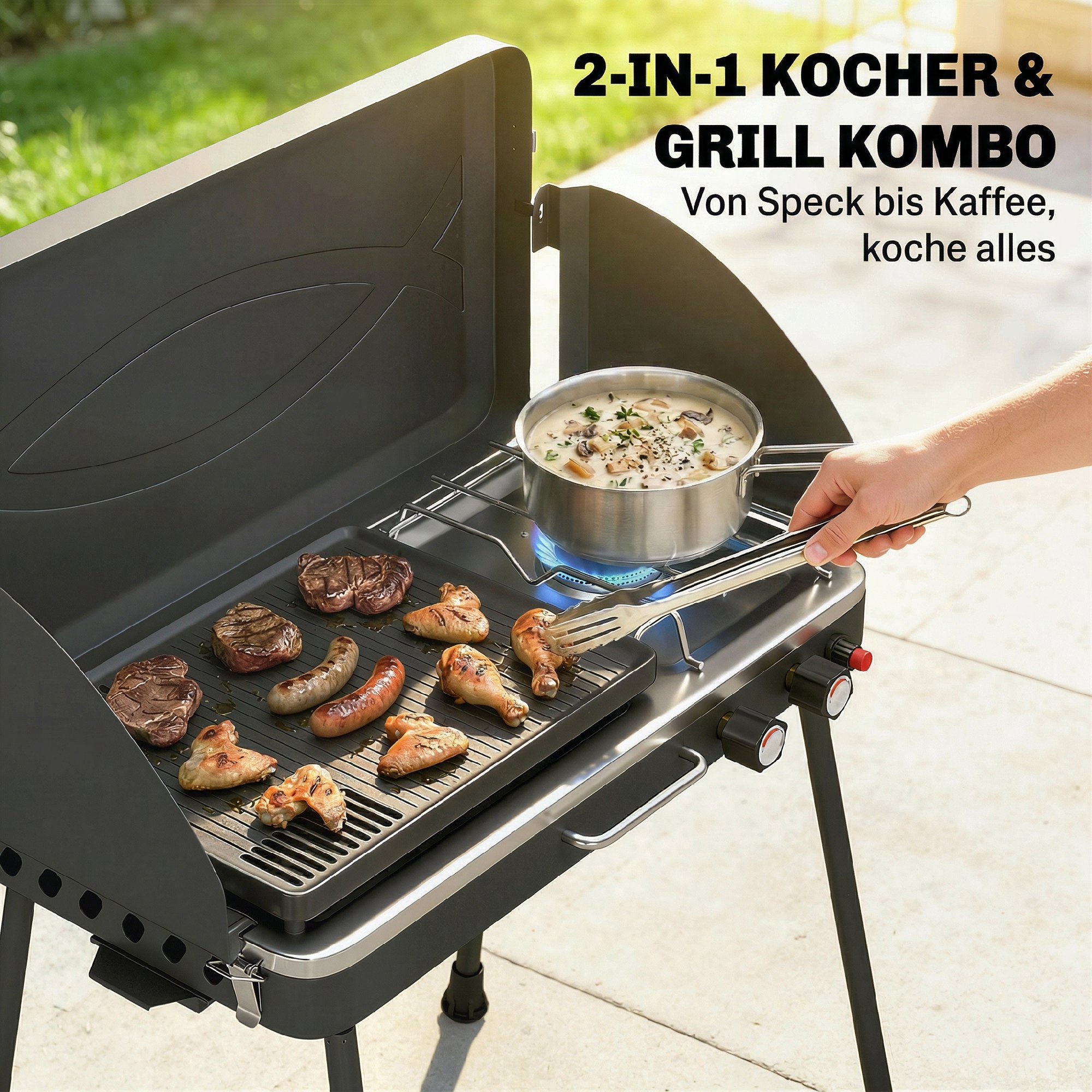 tragbarer Gasgrill 2 Brenner 7 kW 2-in-1 Tischgrill mit Braten klappbar Beinen Grillrost Windschutz Deckel Verschluss