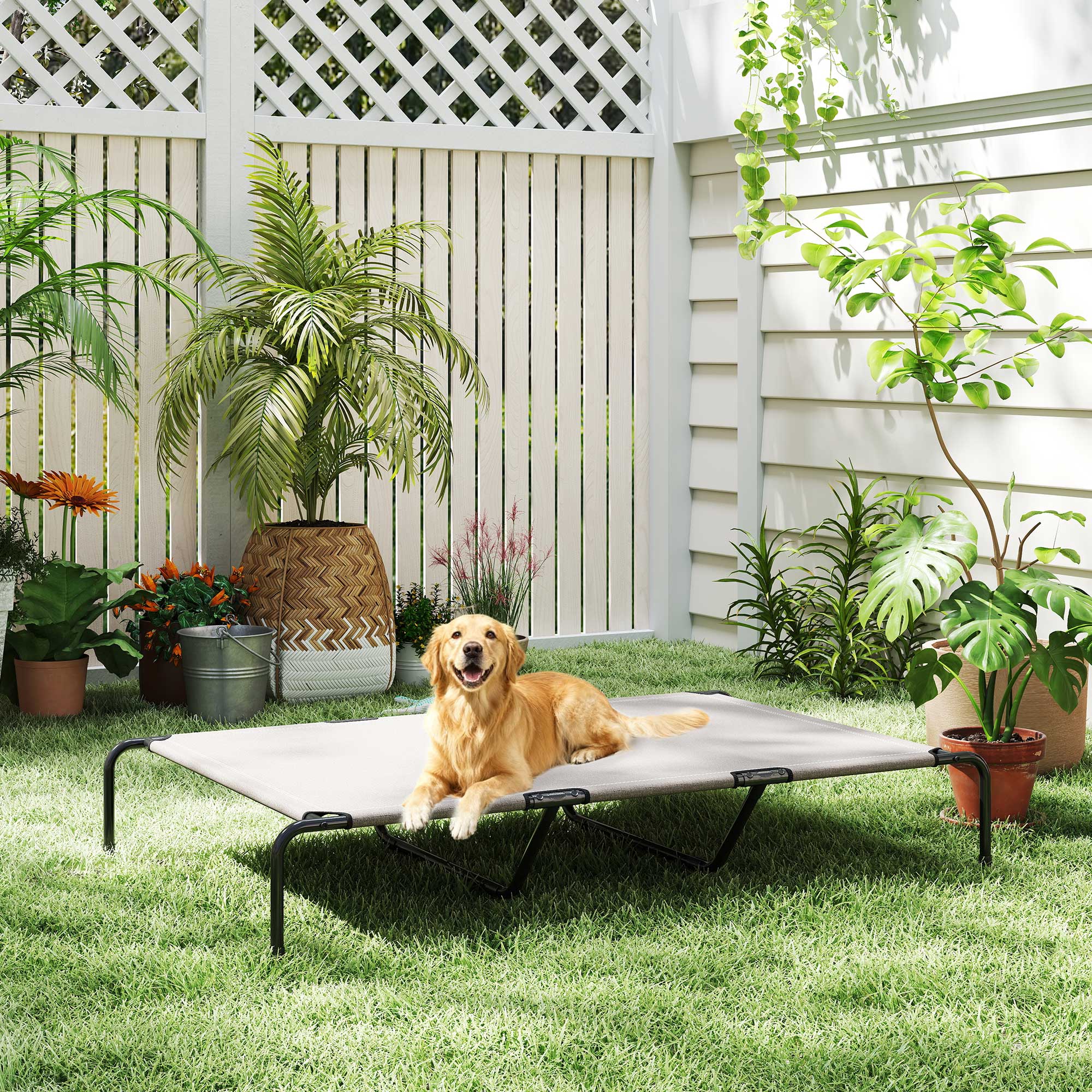 Hundeliege Outdoor, erhöhtes Hundebett für große Hunde, mit Stahlrahmen, atmungsaktiv Netzgewebe, 152x94x23 cm, Beige