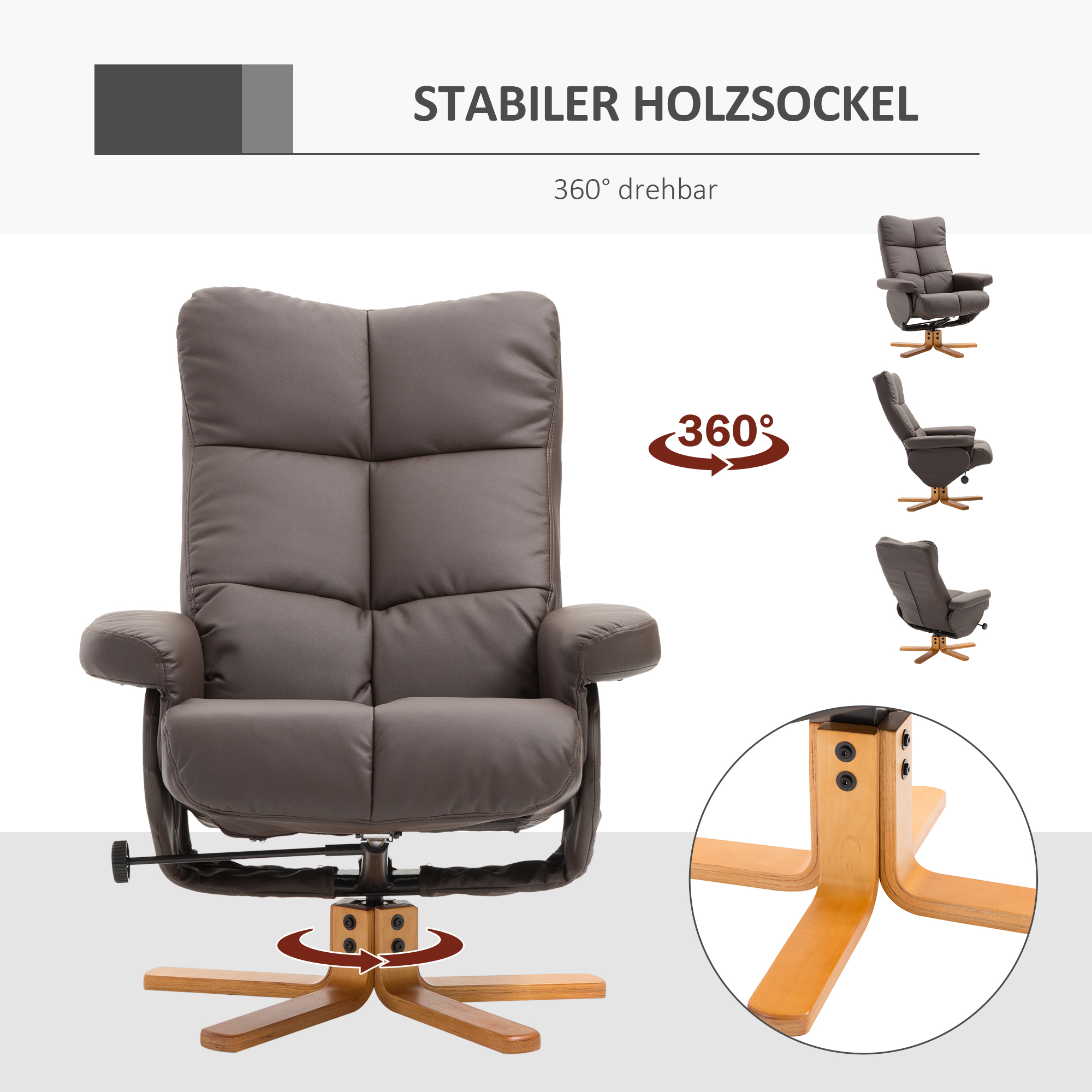 Relaxsessel mit Hocker, 360°drehbarer Fernsehsessel mit Liegefunktion Lesesessel für Schlafzimmer, Wohnzimmer, Kunstleder, Braun
