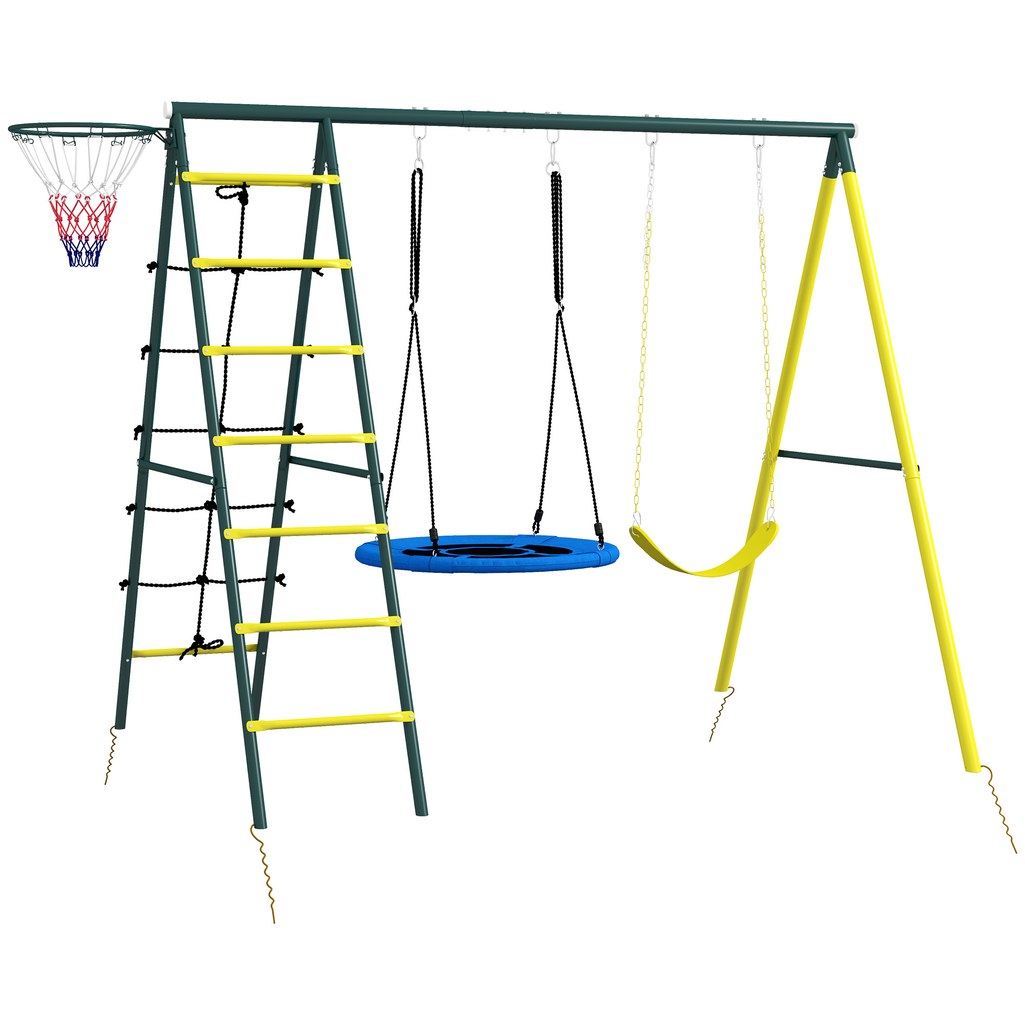 Kinderschaukel-Gerüst mit 2 Schaukeln, Basketballkorb, Kletterleiter, 267x180x202 cm, Gelb Kinderschaukel-Gerüst mit 2 Schaukeln, Basketballkorb, Kletterleiter, 267x180x202 cm, Gelb