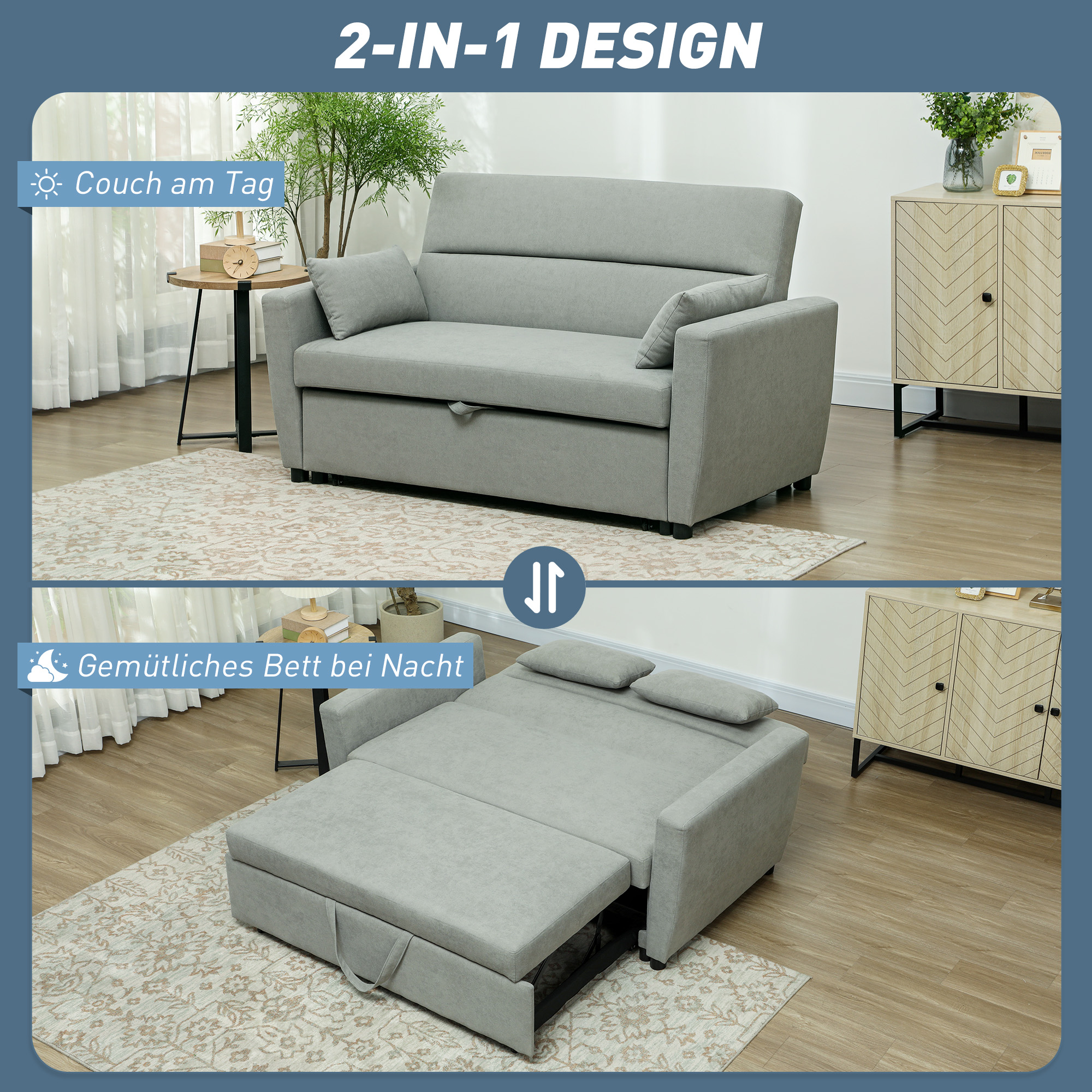 2-Sitzer Sofa mit Bettfunktion, Verstellbarer Rückenlehne, Polstersofa, Samtoptik, für Wohnzimmer, Schlafzimmer, Hellgrau