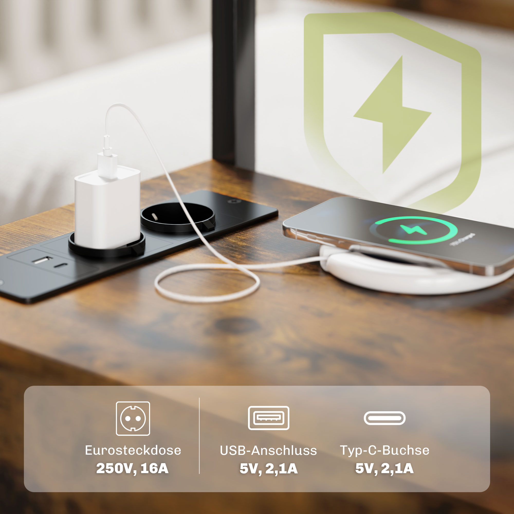 Beistelltisch mit Aufladestation, USB-Anschlüssen, Steckdosen, 2 Schubladen und Regal für Wohnzimmer, Schlafzimmer