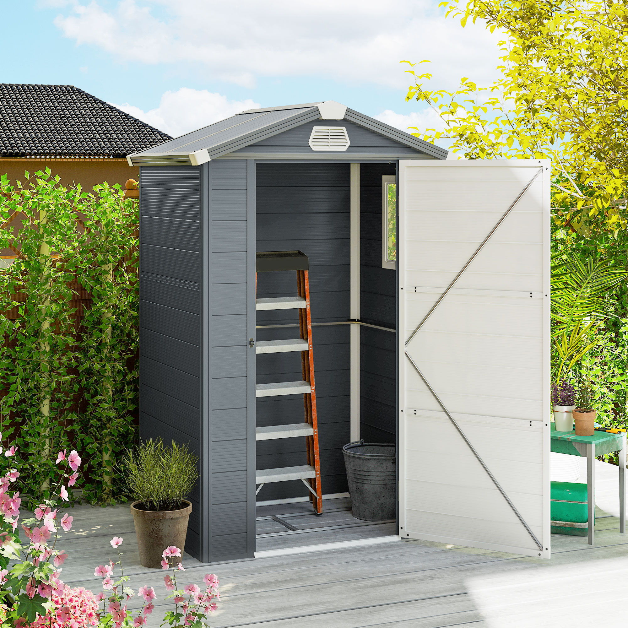 Gerätehaus, 1,1m², Gartenhaus mit Satteldach, 133 x 102 x 180/208 cm