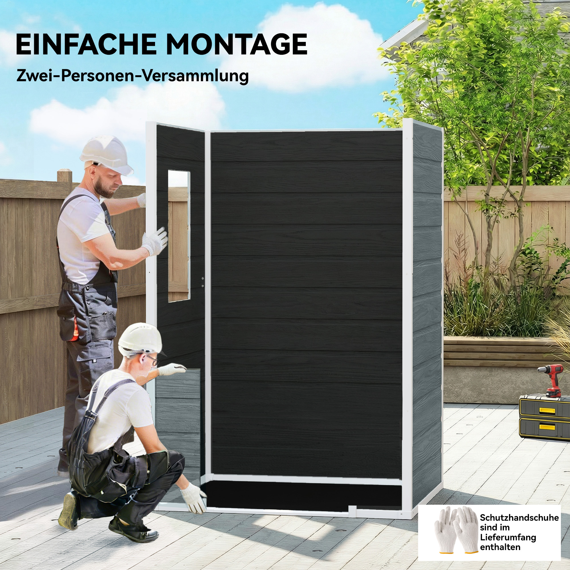 Gerätehaus 1,1 m² Geräteschuppen mit Holzoptik Fenster Satteldach Belüftung Boden Schloss Handschuhe Grau