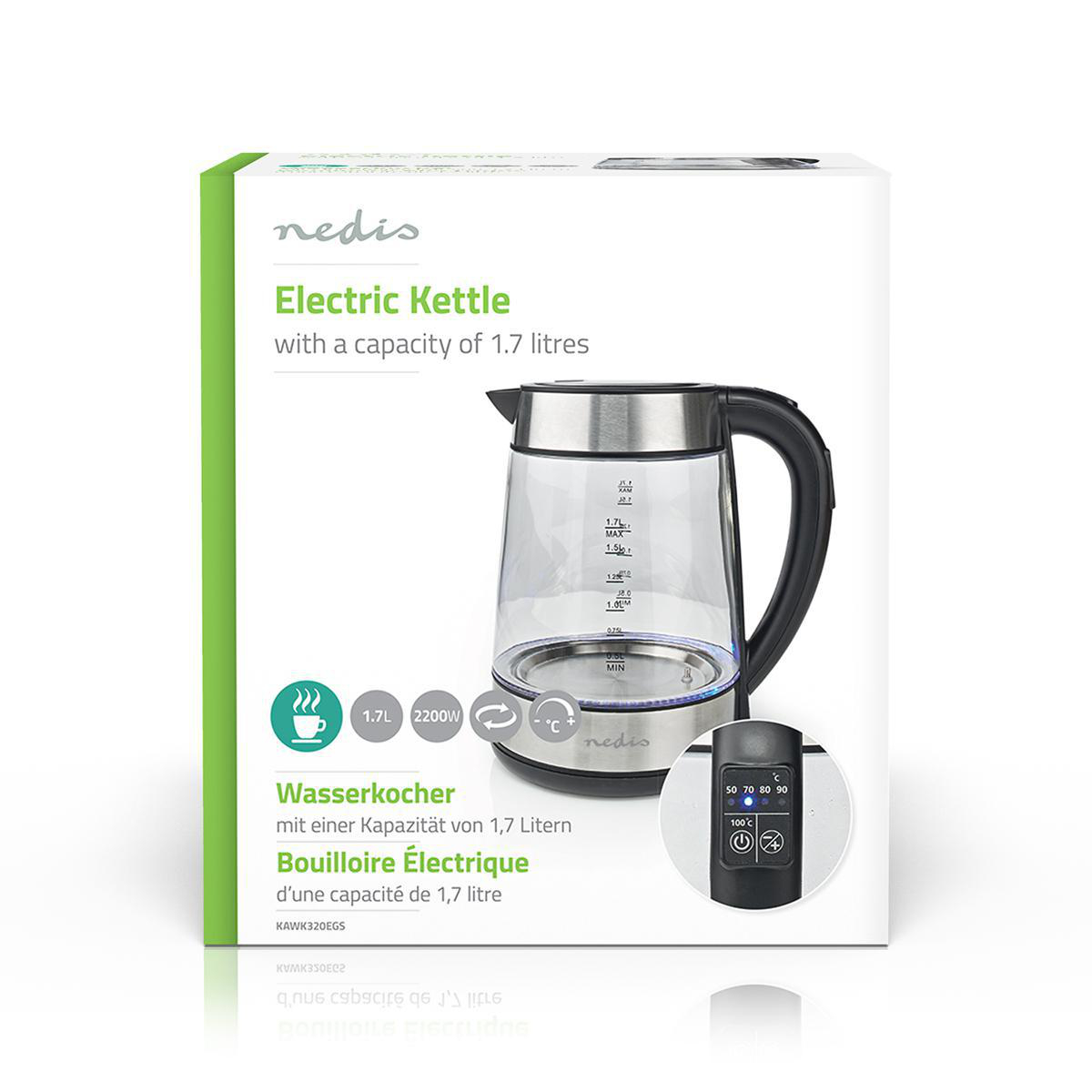 Wasserkocher | 1.7 l | Glas | Transparent | 60,70,80,90,100 °C | Temperaturanzeige | Um 360 Grad drehbar | Verdecktes Heizelement | Strix Controller | Boil-dry protection
