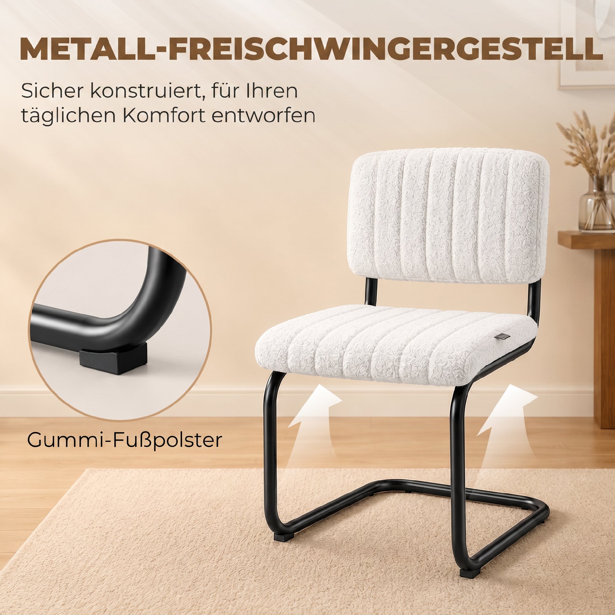 Esszimmerstühle 2er Set modern Freischwinger Stuhl mit hoher Rückenlehne, Teddyfleece-Optik für Küche, Esstisch Creme