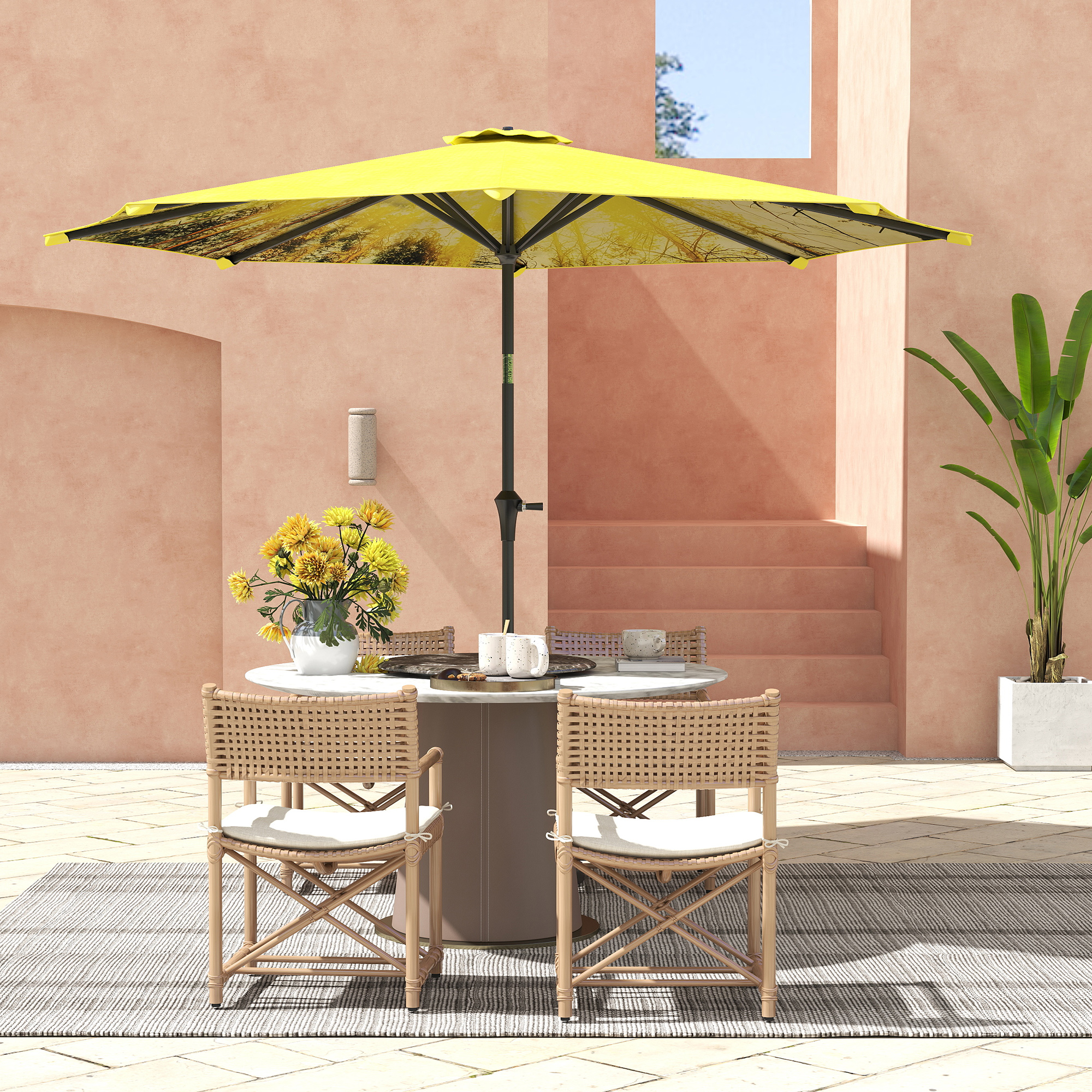 Sonnenschirm Ø300 cm, Sonnenschirm mit Handkurbel, achteckig Balkonschirm Gelb