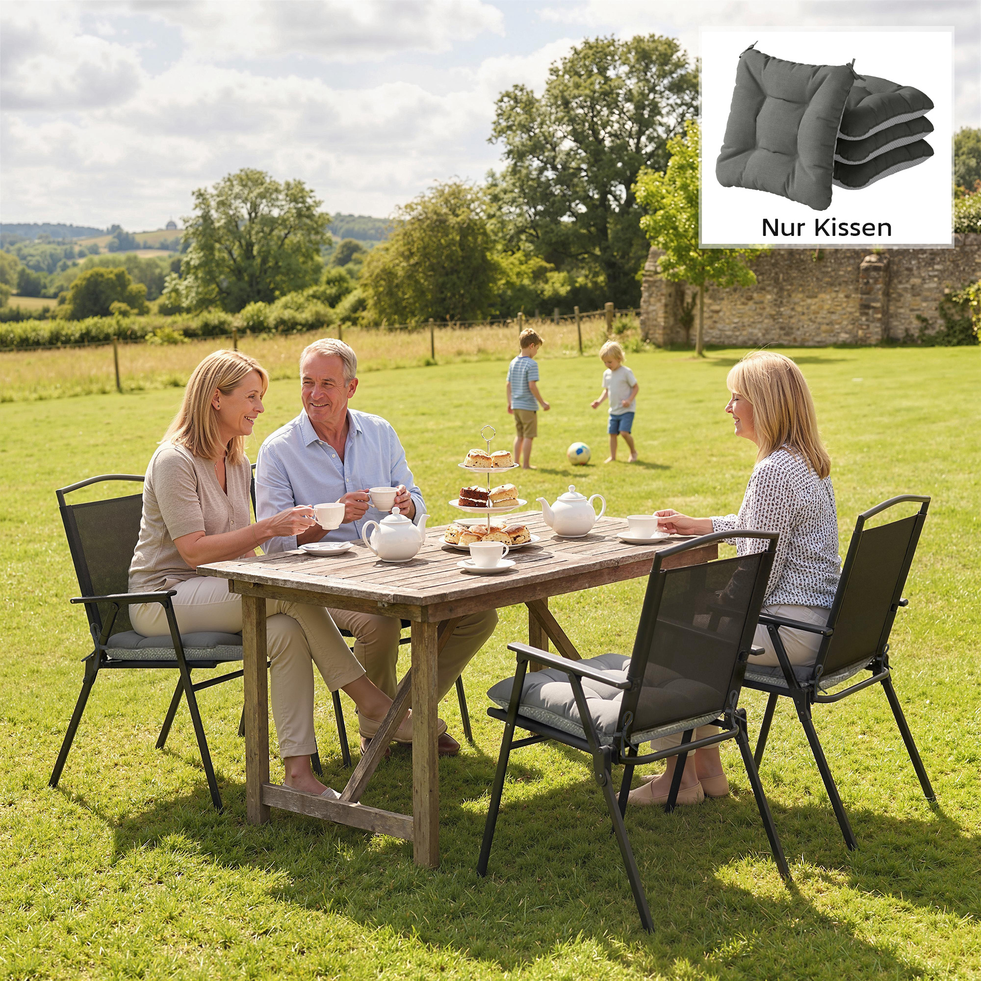 4er Set Sitzkissen 39,5 x 39,5 x 10 cm Stuhlkissen mit Bändern, rutschfeste Outdoor Indoor Sitzauflage