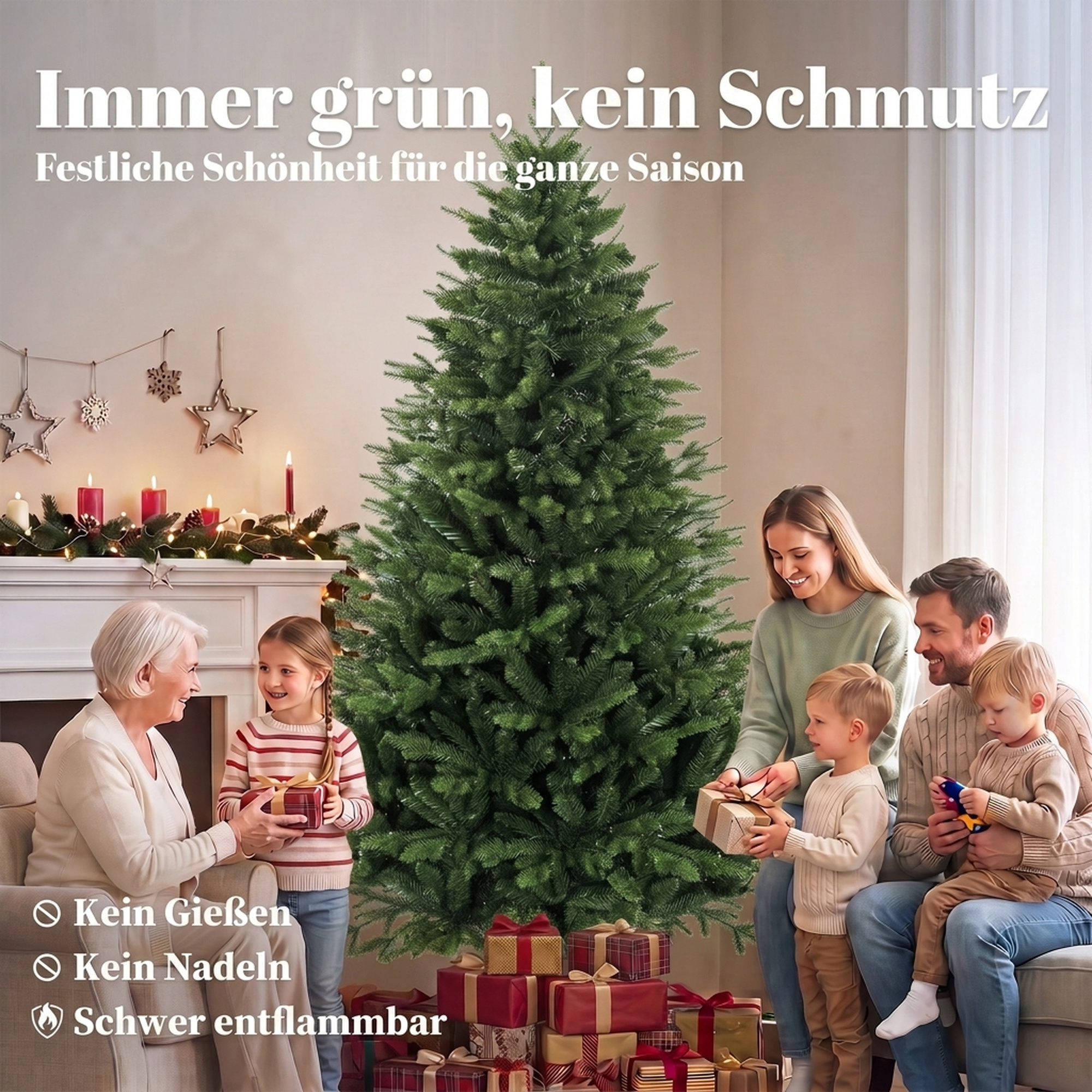 künstlicher Weihnachtsbaum 180 cm mit Kiefernholzständer, Nordic-Tanne mit Klappsystem, 889 Zweigspitzen, Grün