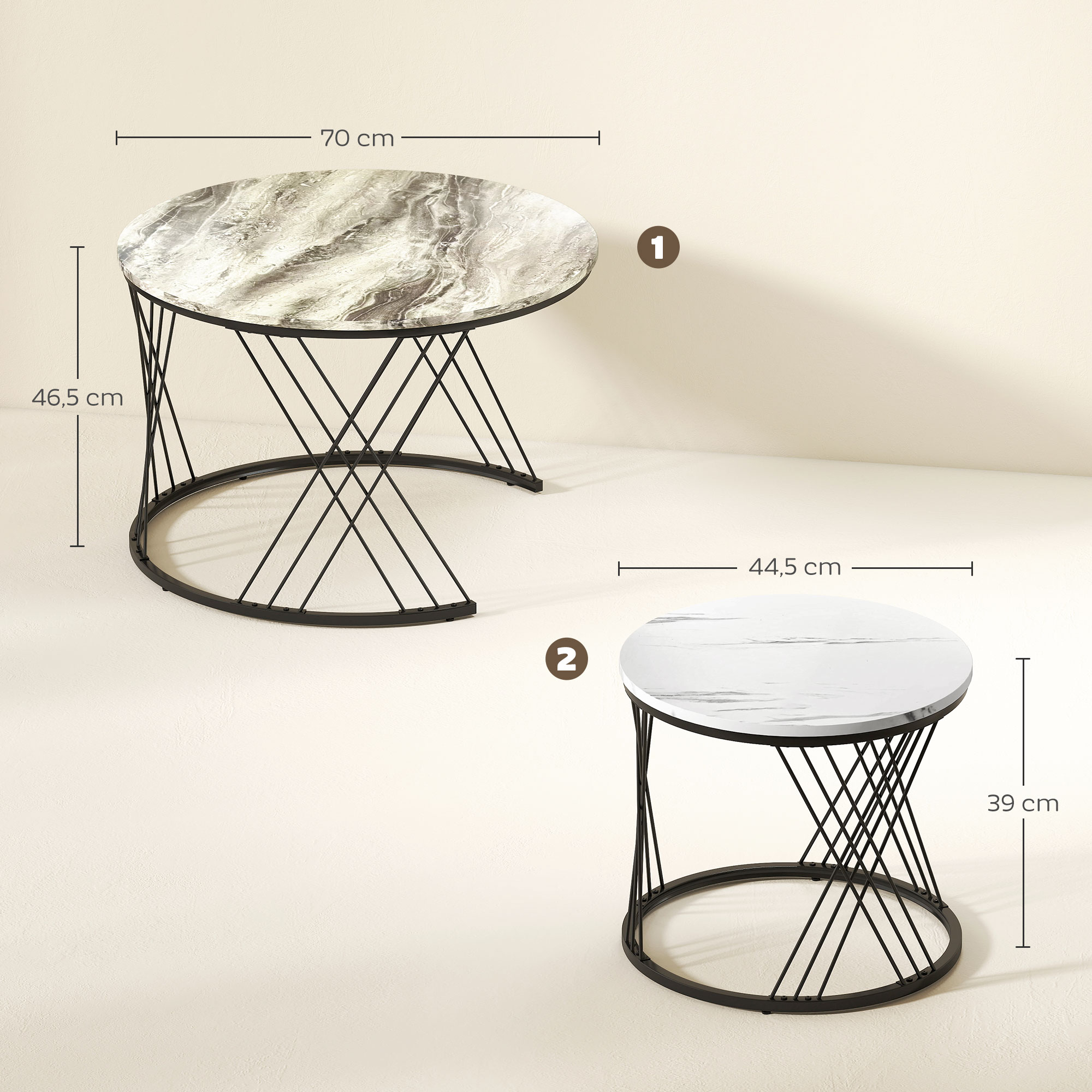 Couchtische im 2er-Set, Marmoroptik, Spanplatte, Metall, runde Kaffeetische für Wohnzimmer, ineinanderstellbar Grau+Weiß