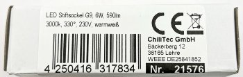 LED Stiftsockel G9, 6W, 590lm, 3000k, 330°, 230V, warmweiß