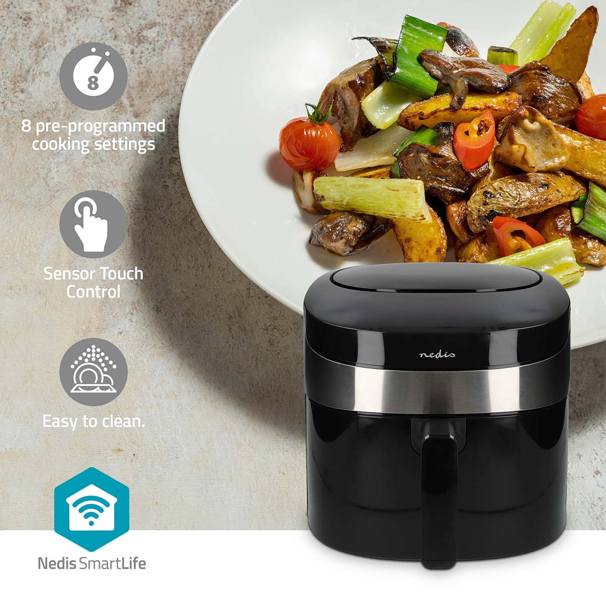SmartLife Heißluftfritteuse | Wi-Fi | 7,2 l | Timer: 60 min | Anzahl voreingestellter Programme: 8 | Digital | Android? / IOS | schwarz