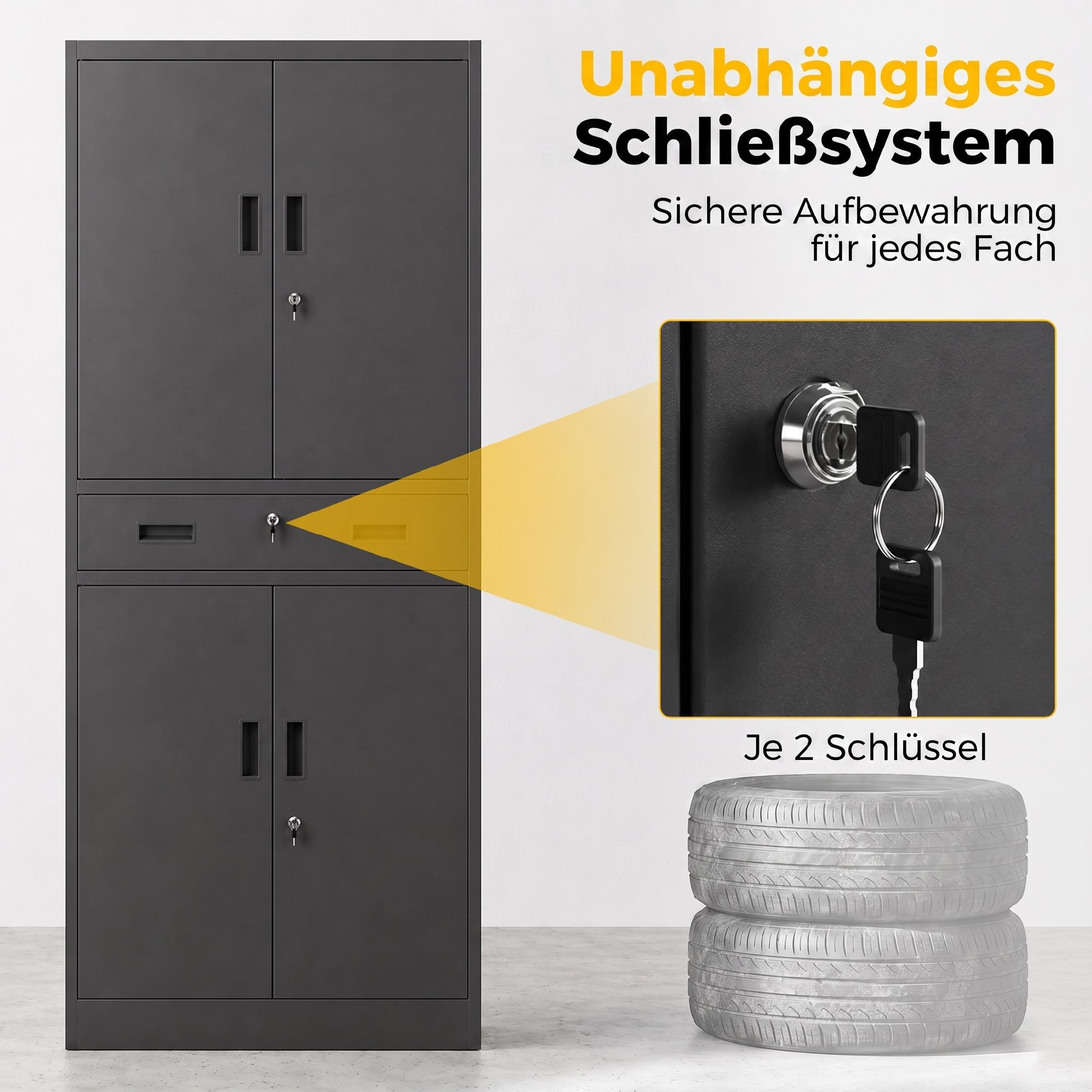 Metallschrank 180 cm, Werkzeugschrank mit abschließbaren Türen, Schublade und verstellbaren Böden, Schwarz