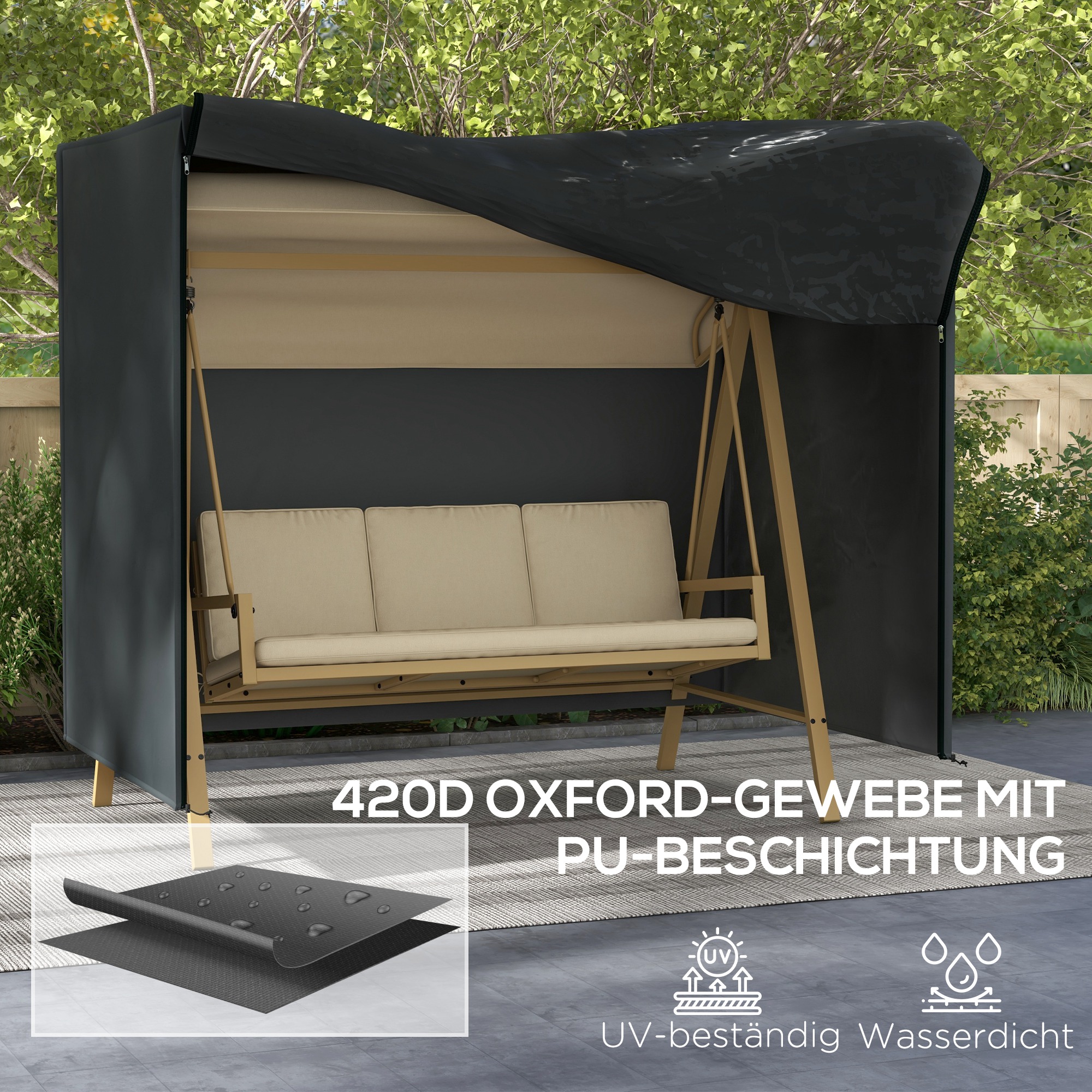 Abdeckung für Hollywoodschaukel, wasserdicht, Polyester, 220x125x172cm, Schwarz
