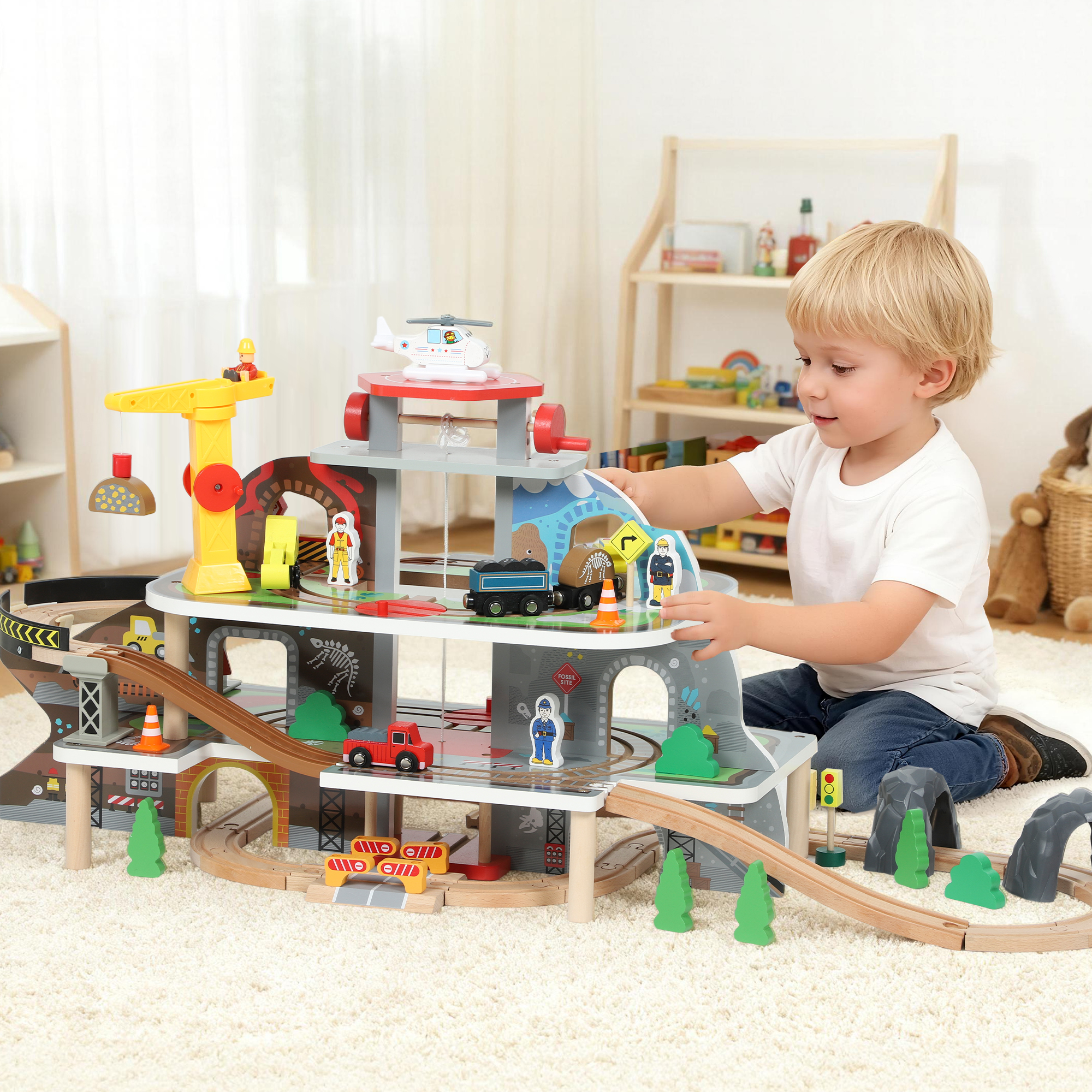 Eisenbahnset aus Holz, 79 Teile, 4 Ebenen, Aufzug, Kran, erweiterbar, Bunt