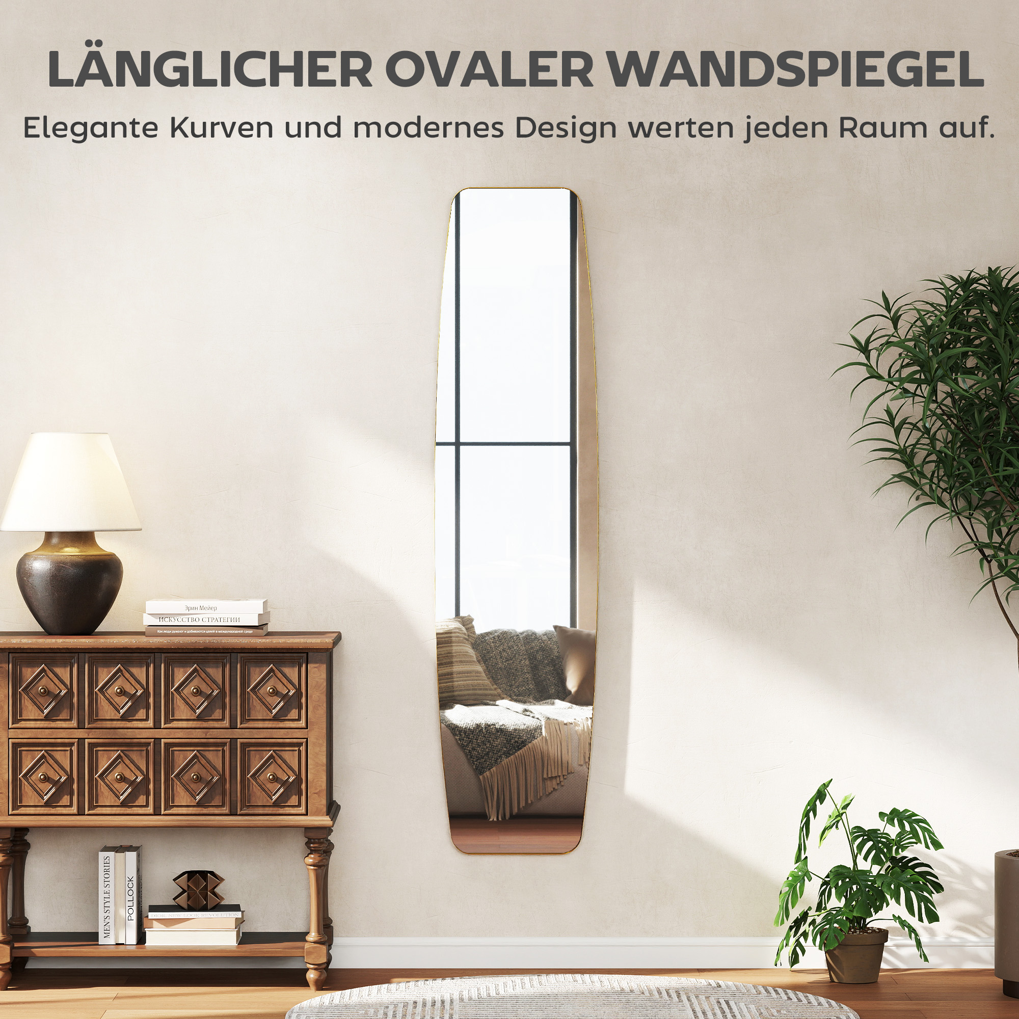 Wandspiegel Fenster Spiegel mit Metallrahmen Dekorativer Hängespiegel Flurspiegel, 160 x 40 x 3 cm, Gold