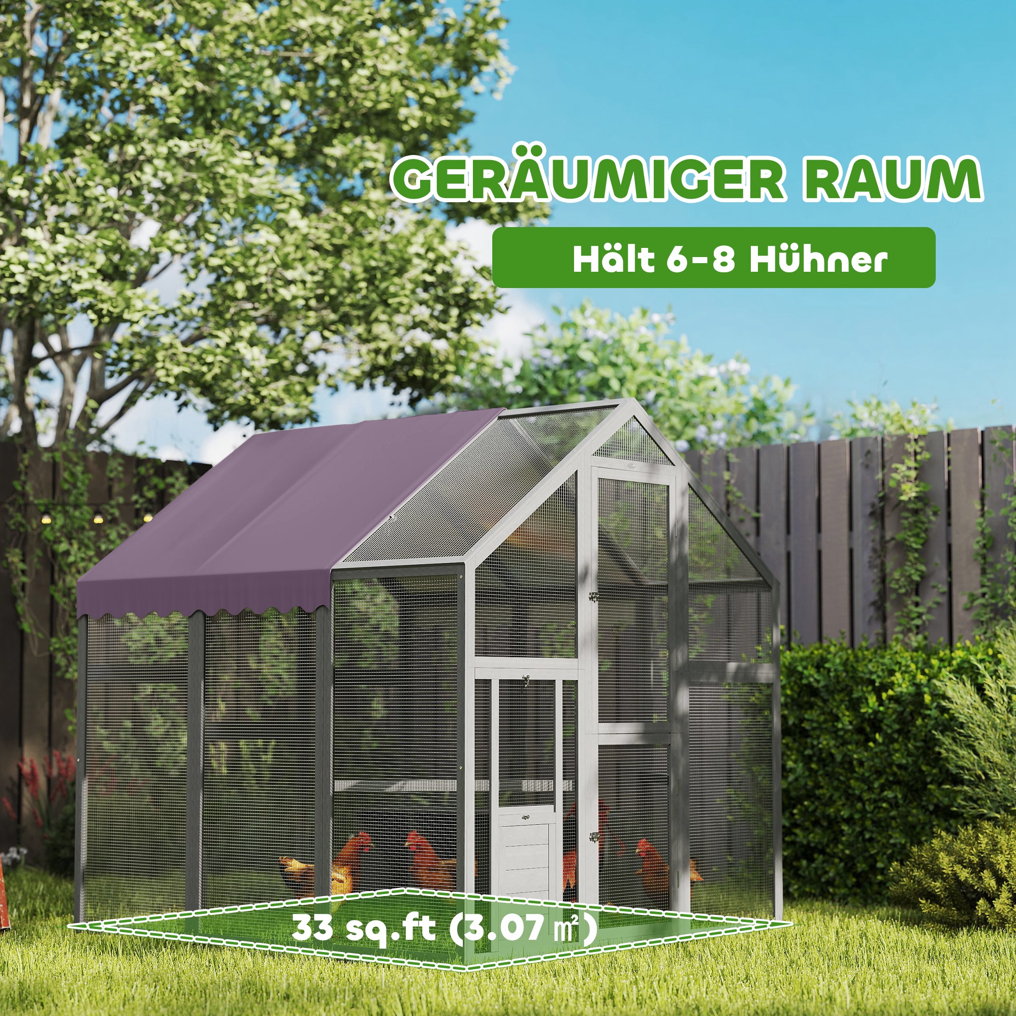 Hühnergehege, Hühnerstall mit wasserfestem Dach, 2 Nistkästen, 2 Sitzstangen, für 6-8 Hühner, ca. 1,7 x 1,8 x 1,8 m
