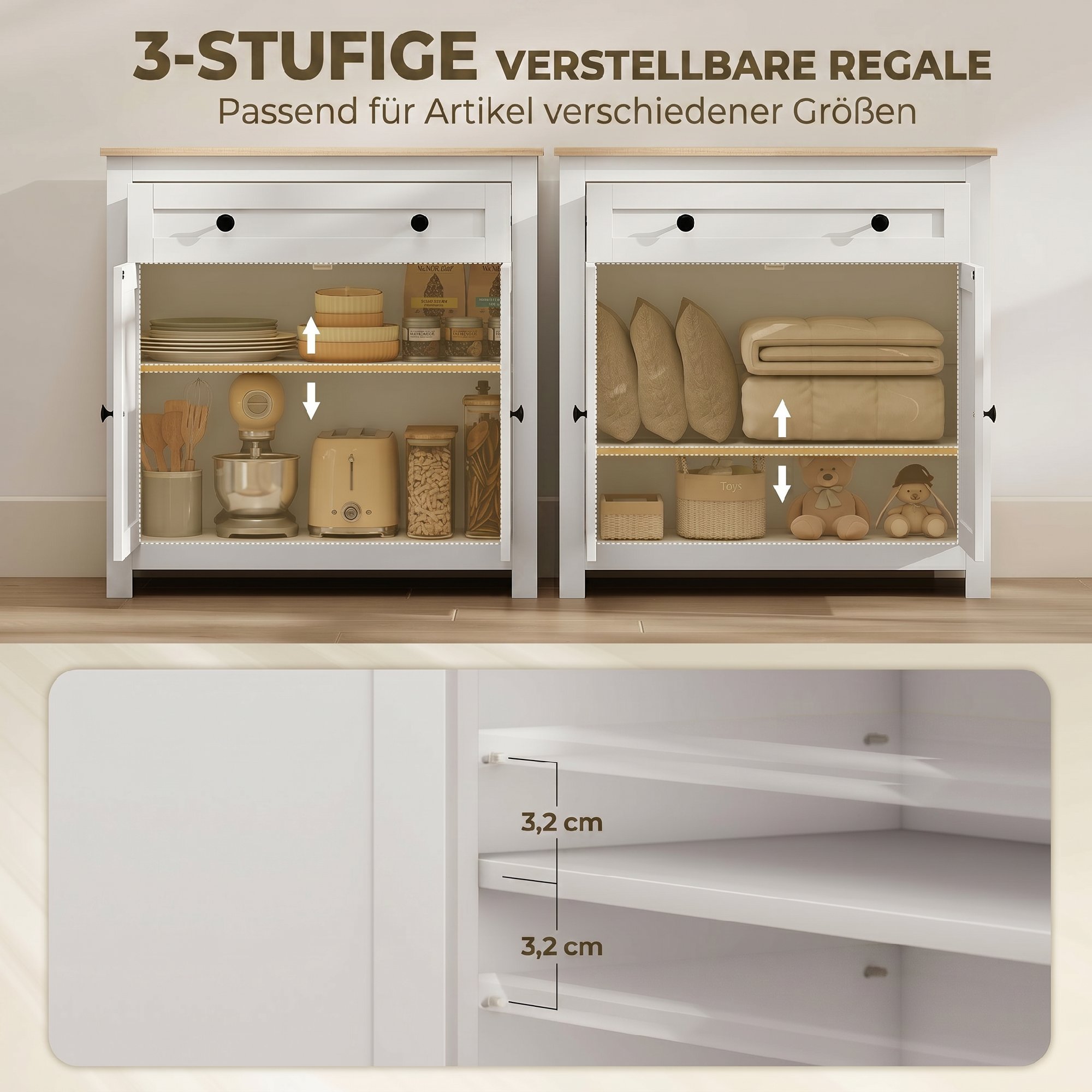 Sideboard Küchenschrank mit Schublade, Doppeltür, Verstellbarer Einlegeboden, für Wohnzimmer, 78,5 x 35 x 80 cm Weiß