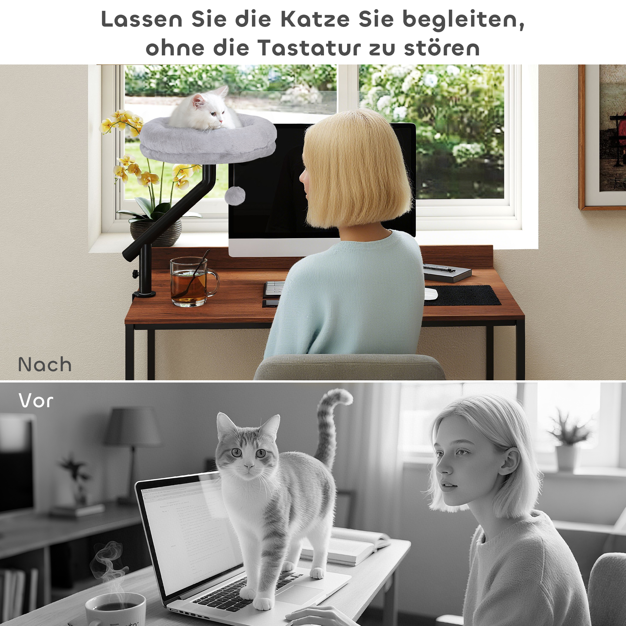 Katzen-Schreibtischbett, Katzenbett für Schreibtisch mit 360°Drehung, verstellbarer Höhe, Katzenliege mit abnehmbarem, maschinenwaschbarem Bett, für Katzen unter 6 kg, Heimbüro, Grau