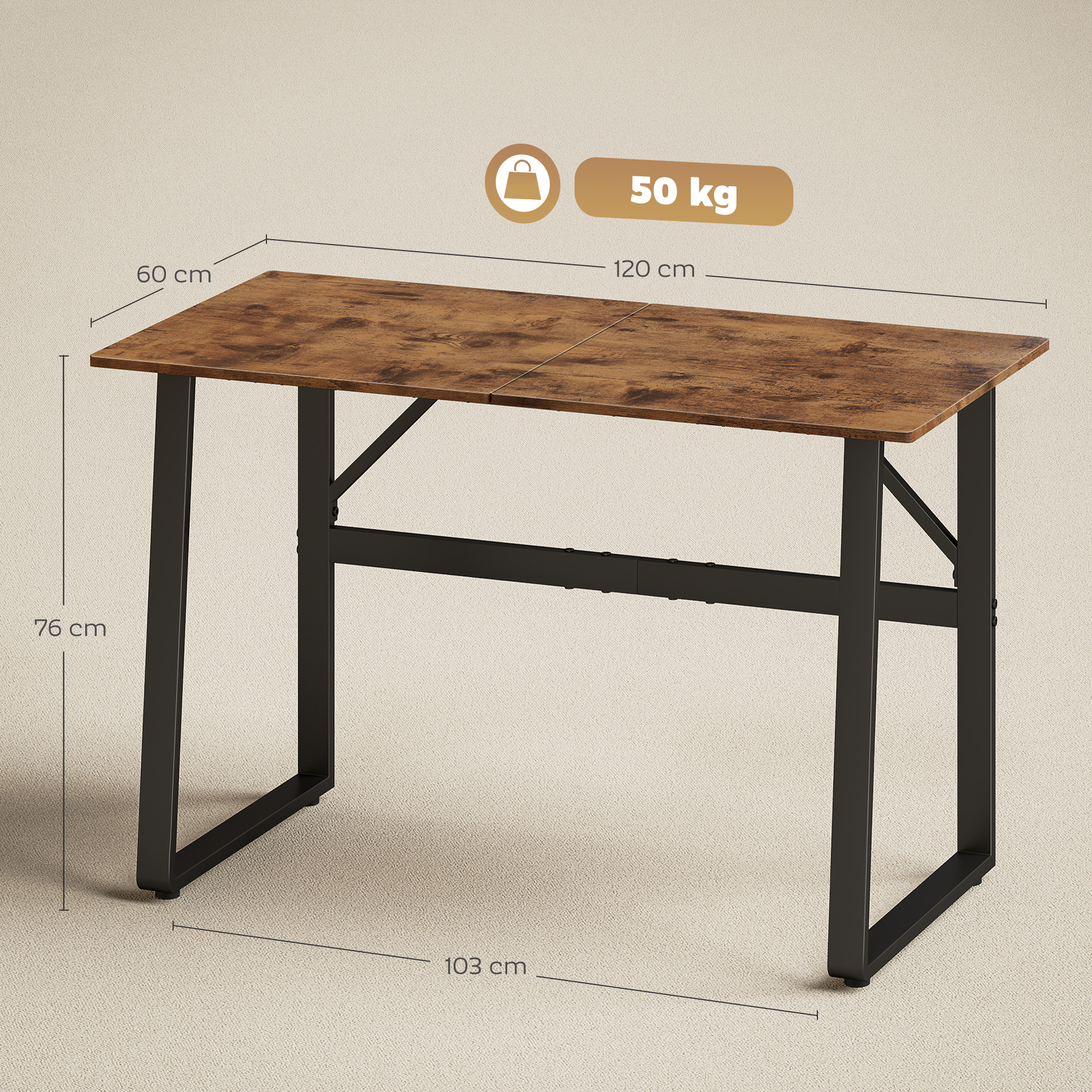 Schreibtisch Computertisch mit Stahlrahmen Bürotisch PC Tisch 120x60x76cm Rustikal-Braun+Schwarz