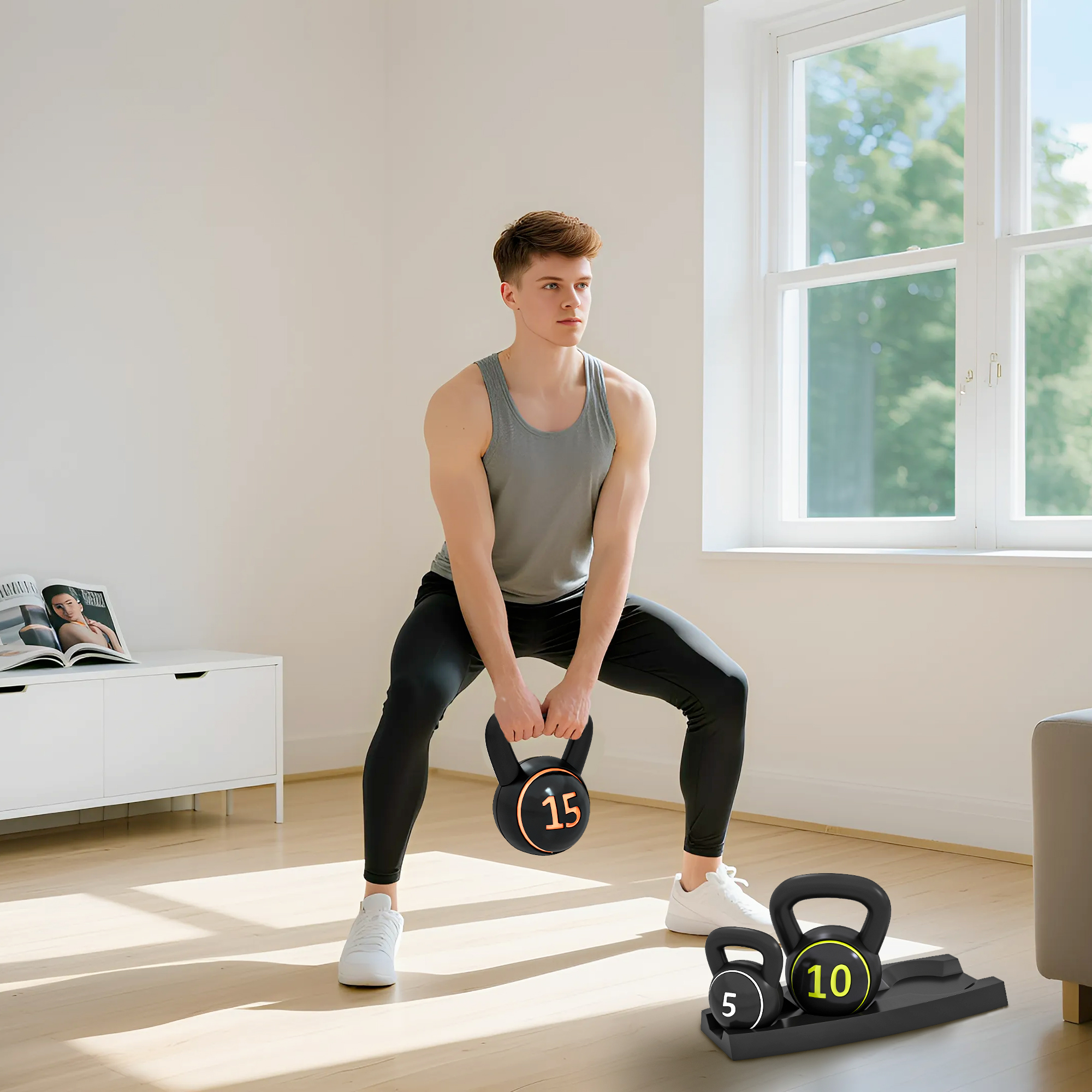 Kettlebell Set, 3 Kugelhanteln 2,2kg/4,5kg/6,8kg, Kunststoffhülle, Schwarz