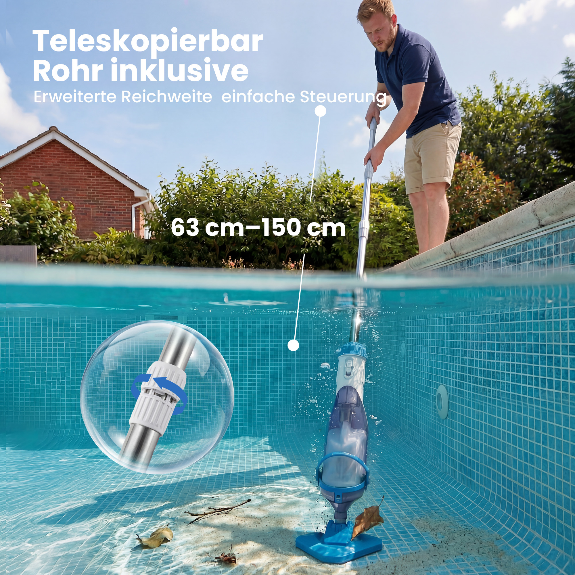 Poolreiniger, kabelloser Poolstaubsauger mit 63-150 cm verstellbarem Stiel und Bürste für kleine Pools, Whirlpools und Teiche