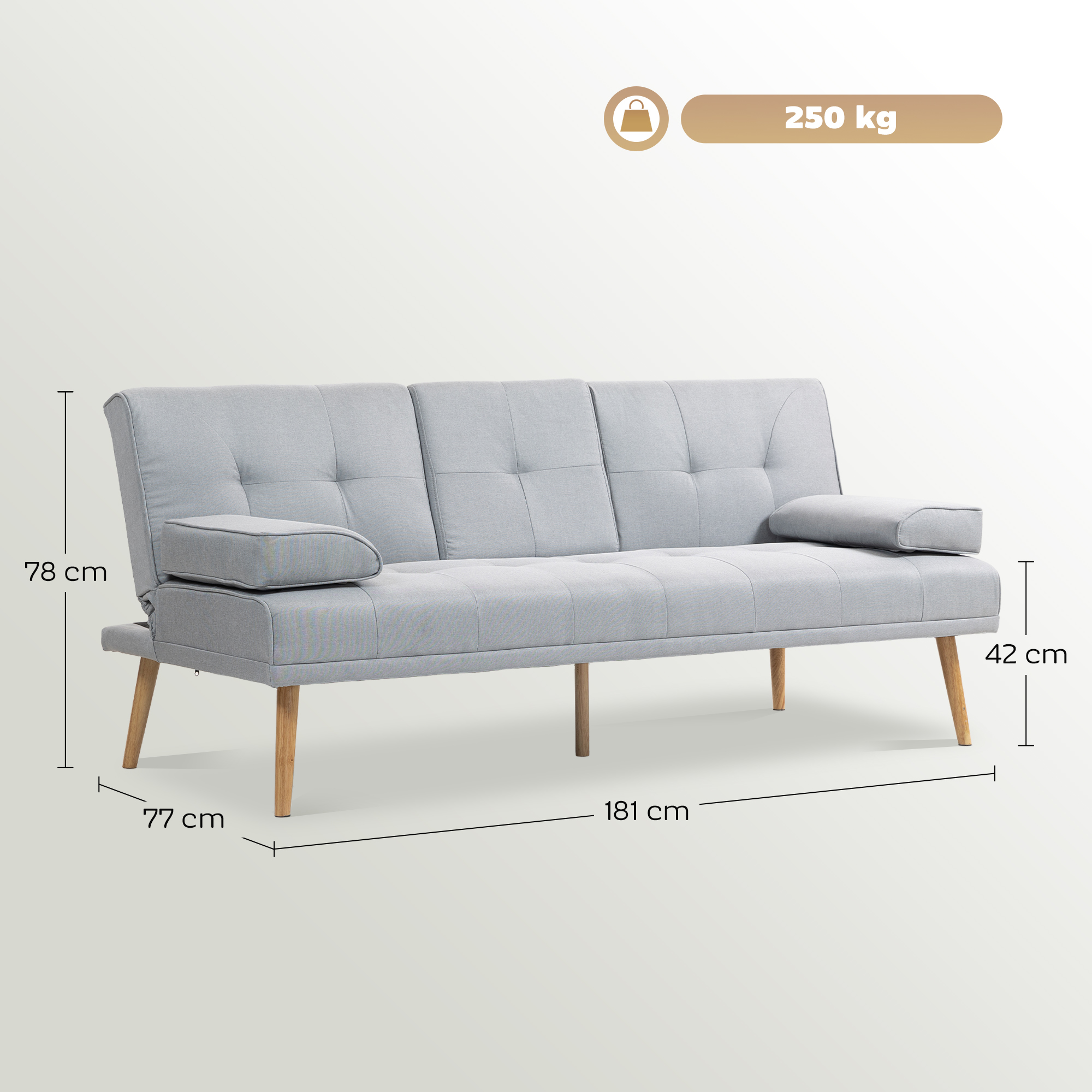 Schlafsofa, 3-Sitzer Sofa, Schlafcouch mit Klappbarem Tisch, Becherhalter, Bettsofa mit Leinenoptik, Couch Gästebet für Wohnzimmer, Hellgrau