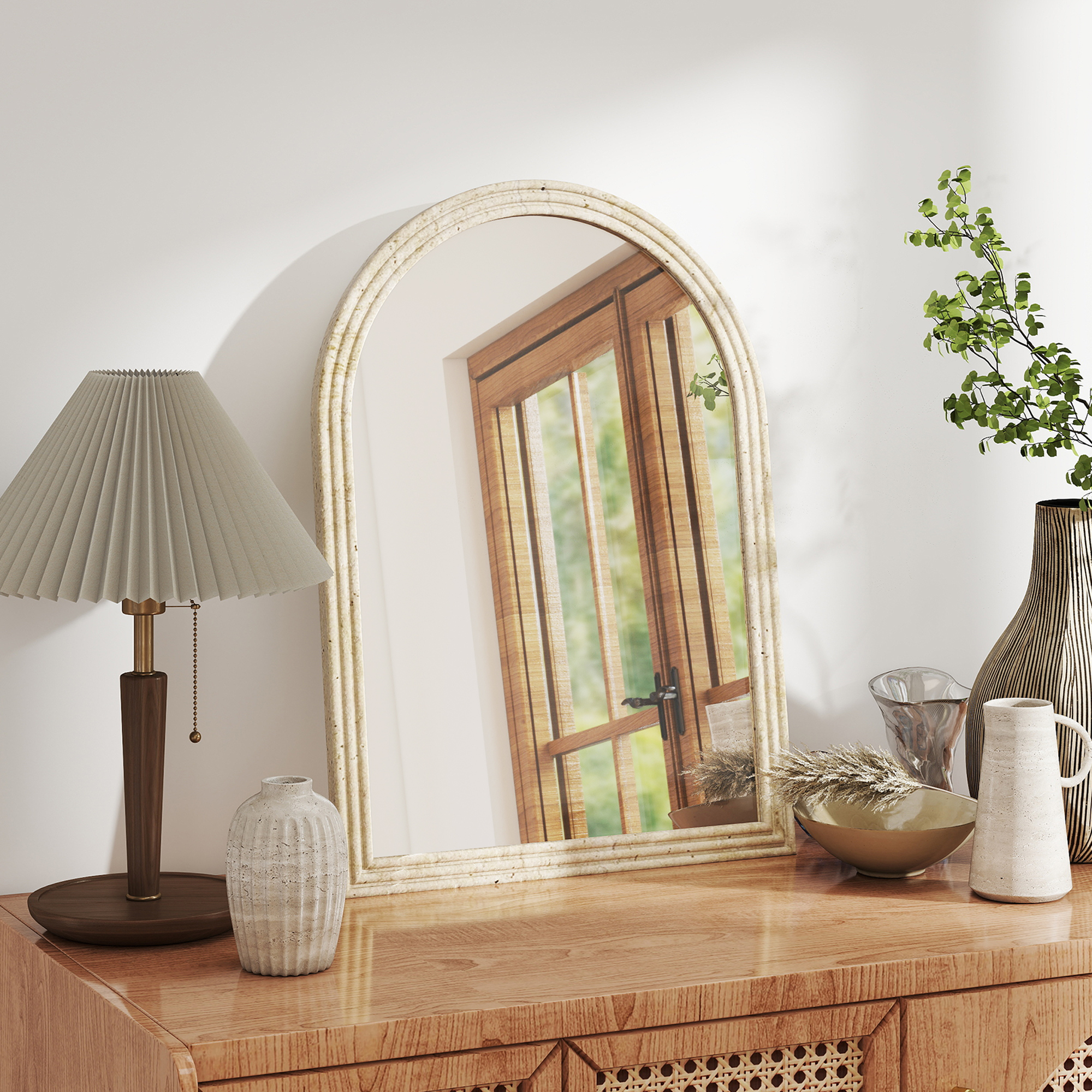 Wandspiegel Bogenförmig Spiegel mit Rahmen aus Polystyrol Dekorativer Hängespiegel 50 x 70 cm Beige